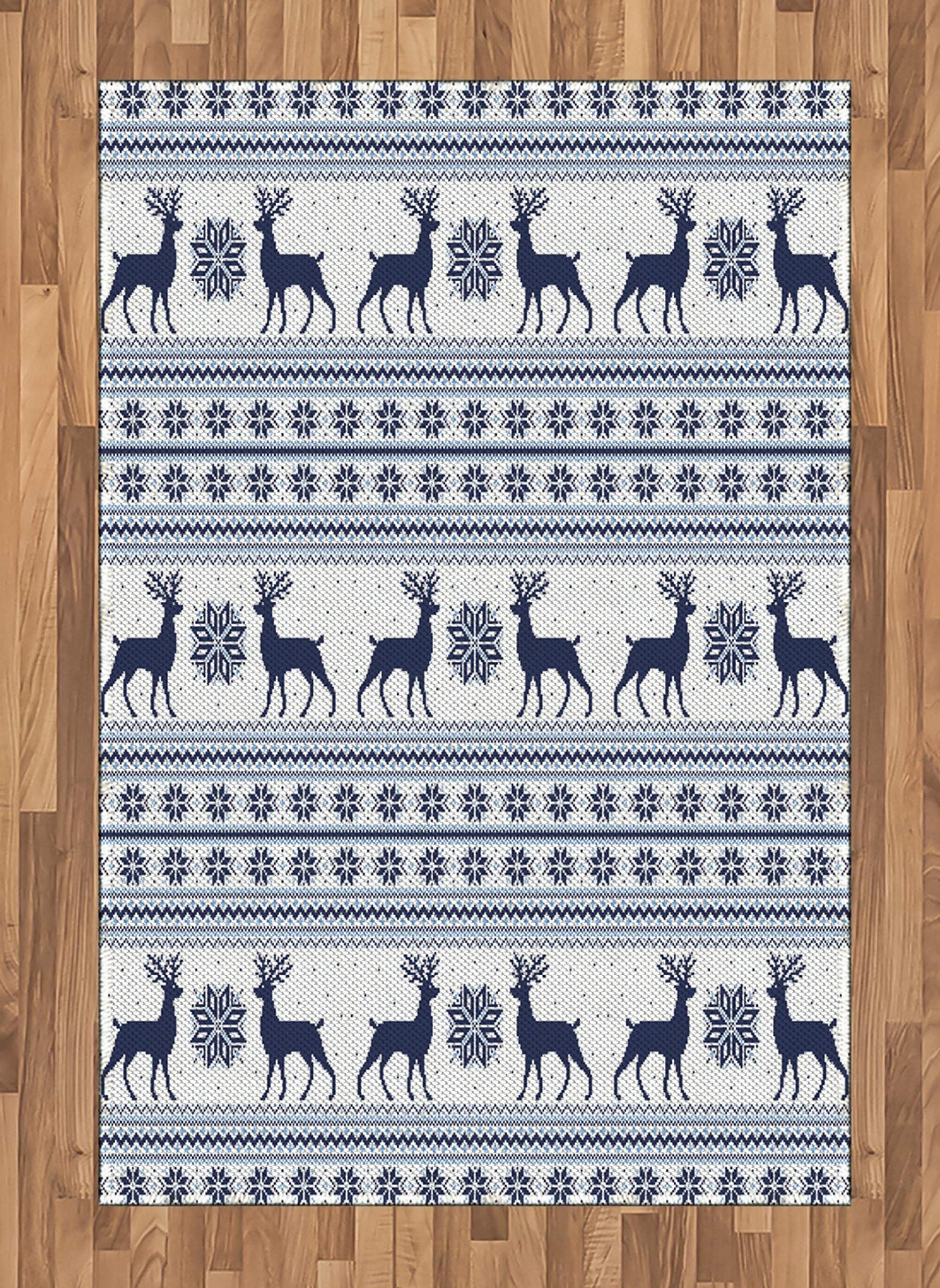 Ambesonne Nordic Pixel Art Christmas Area Rug with Reindeer & Snowflakes - 4'x5'7