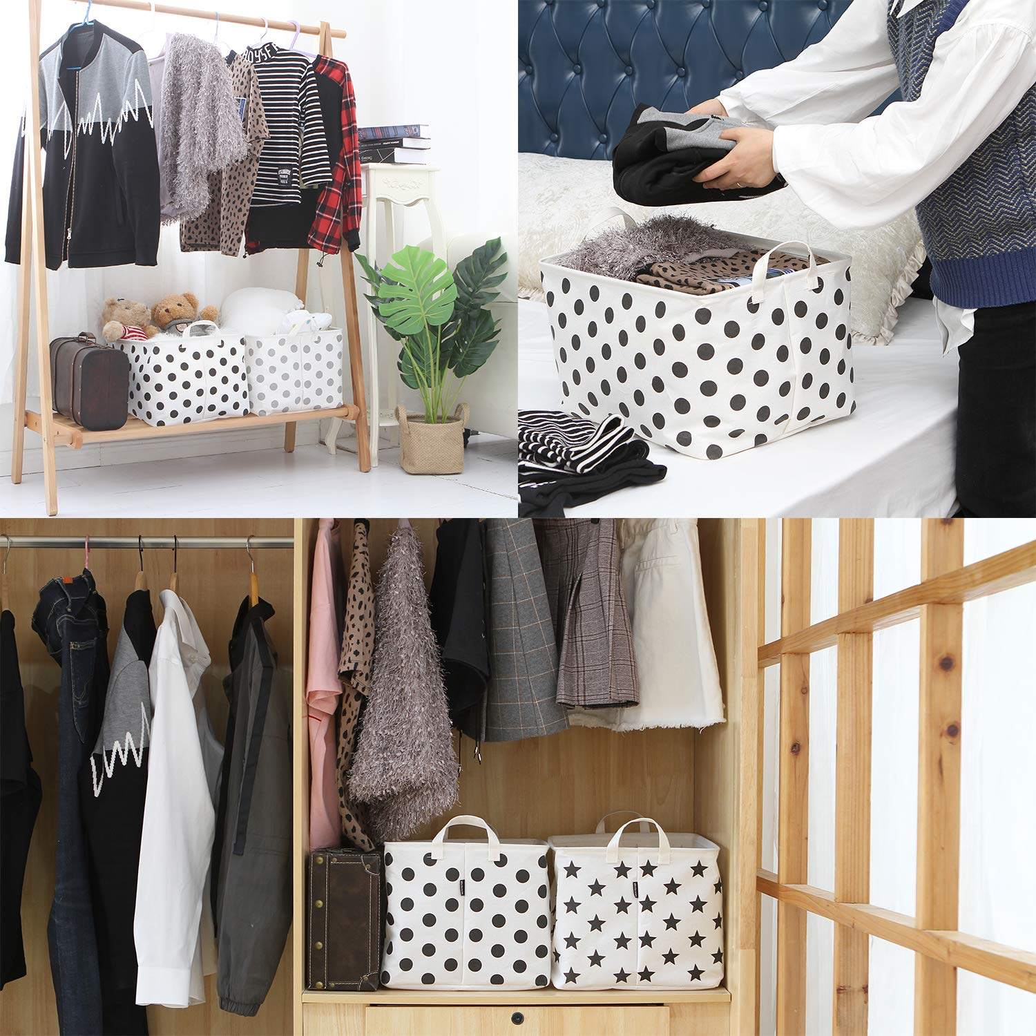 Collapsible Canvas Storage Basket with Handles - Waterproof Foldable Fabric Bin for Closet, Shelf & Home Organization - 16.5 x 11.8 x 9.8 Inches Black Dot Storage Box - Perfect for Bedroom, Bathroom & Kids Room Storage Solutions