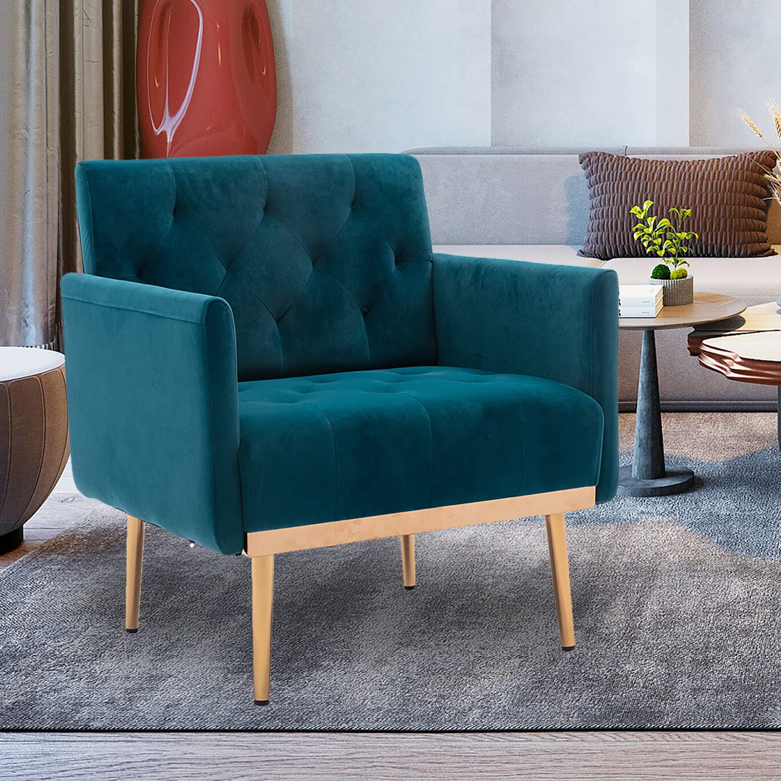 Velvet Accent Chair with Golden Legs - Upholstered Armchair for Living Room, Bedroom, or Office - Teal Velvet Sofa Chair for Reading & Relaxation - Perfect for Cozy Corners, Home Libraries, and Workspaces