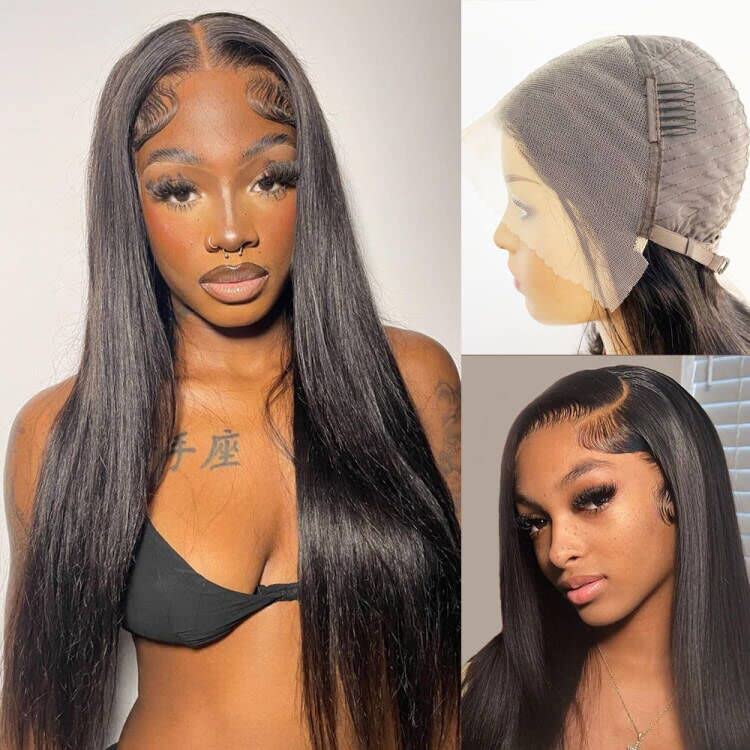 13x4 Straight Lace Front Human Hair Wig - Brazilian Virgin Hair Pre-Plucked with Baby Hair | Glueless Lace Frontal Wig for Black Women | 180% Density 24 Inch Natural Color | Perfect for Daily Wear, Special Occasions & Protective Styling