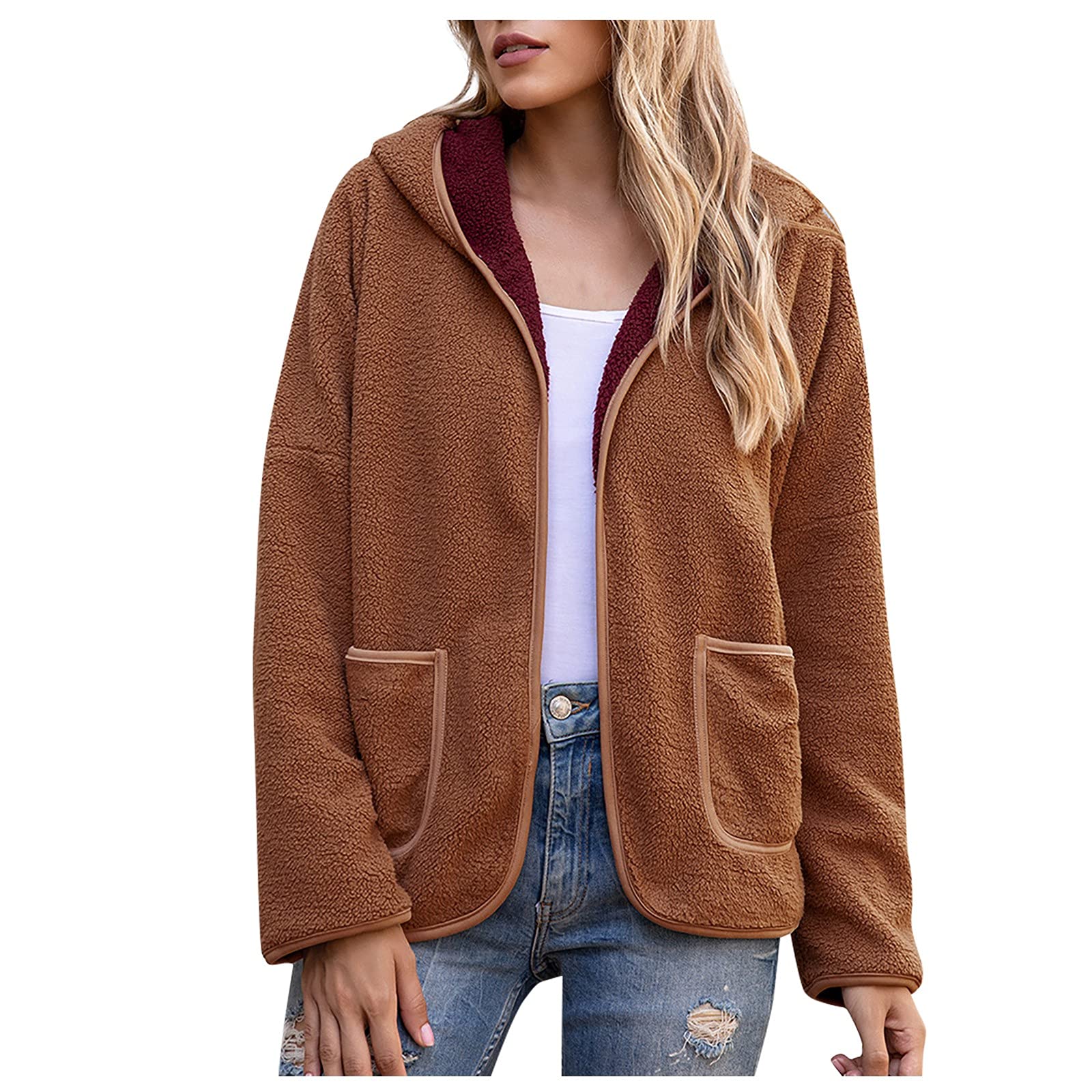 FIRERO Women's Winter Fleece Hooded Cardigan Sweatshirt - Cozy Bubble Fleece Jacket with Color Block Design for Casual Wear, Outdoors & Lounge