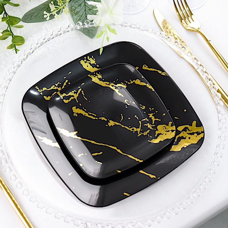 10 Pack Square Metallic Marble Plastic Plates - Disposable Dinnerware & Salad Plates for Parties, Picnics, and Catering Events