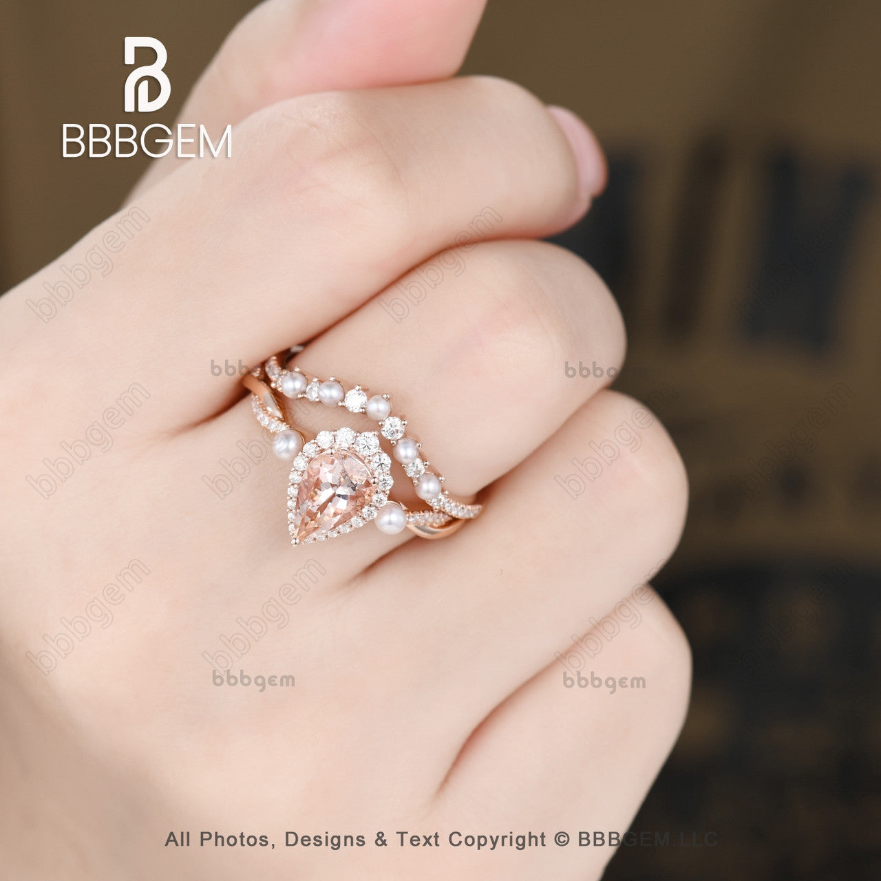 Vintage Pear Cut Natural Morganite & Pearl Three Stone Engagement Ring Set in 14k Rose Gold – Perfect for Weddings, Anniversaries, and Romantic Gifts