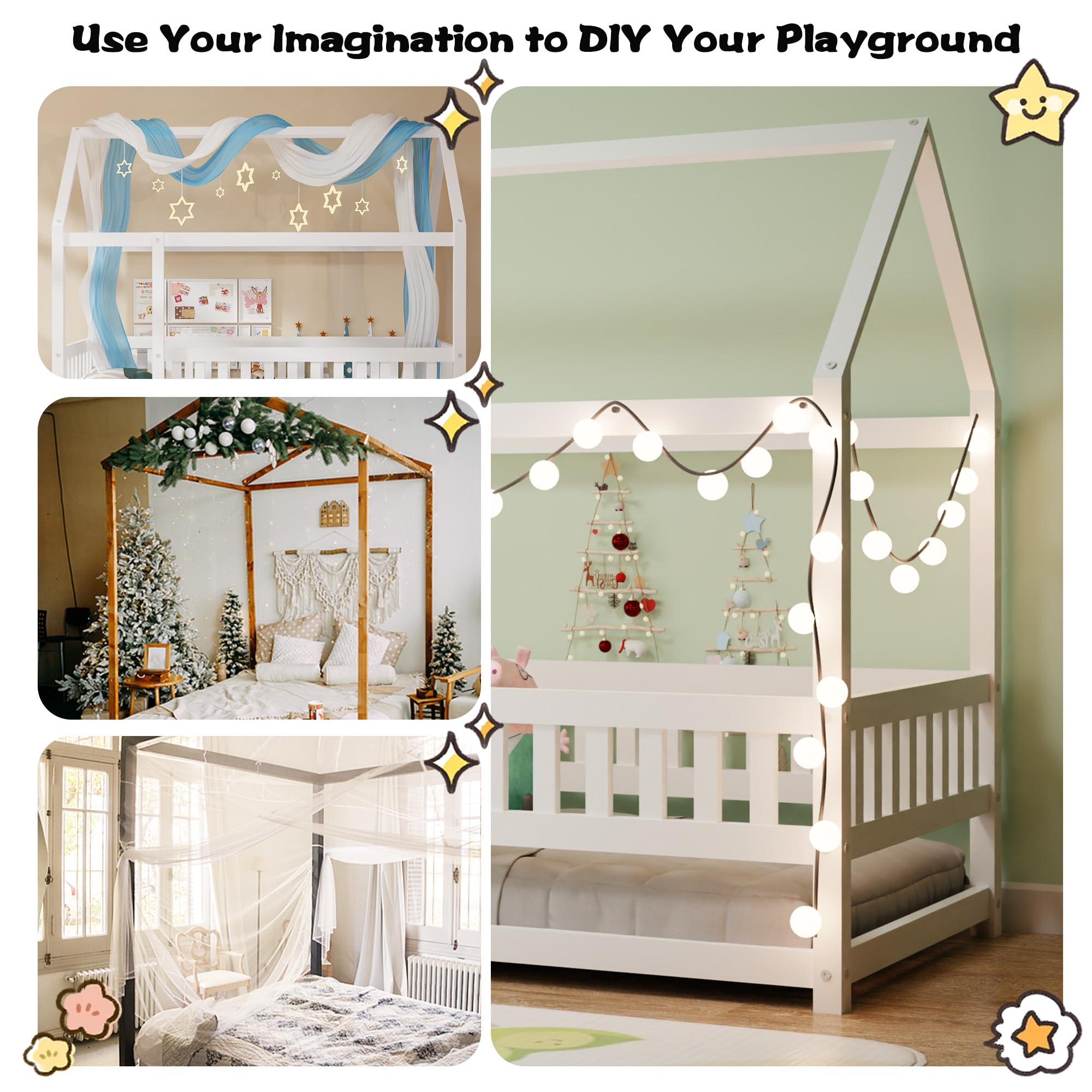 Montessori Twin Size Wooden Floor Bed with High Safety Fence & Slats - House Style Kids Bed for Boys & Girls, No Box Spring Required, Easy Assembly, White - Perfect for Montessori Rooms, Toddler Bedrooms & Play Areas