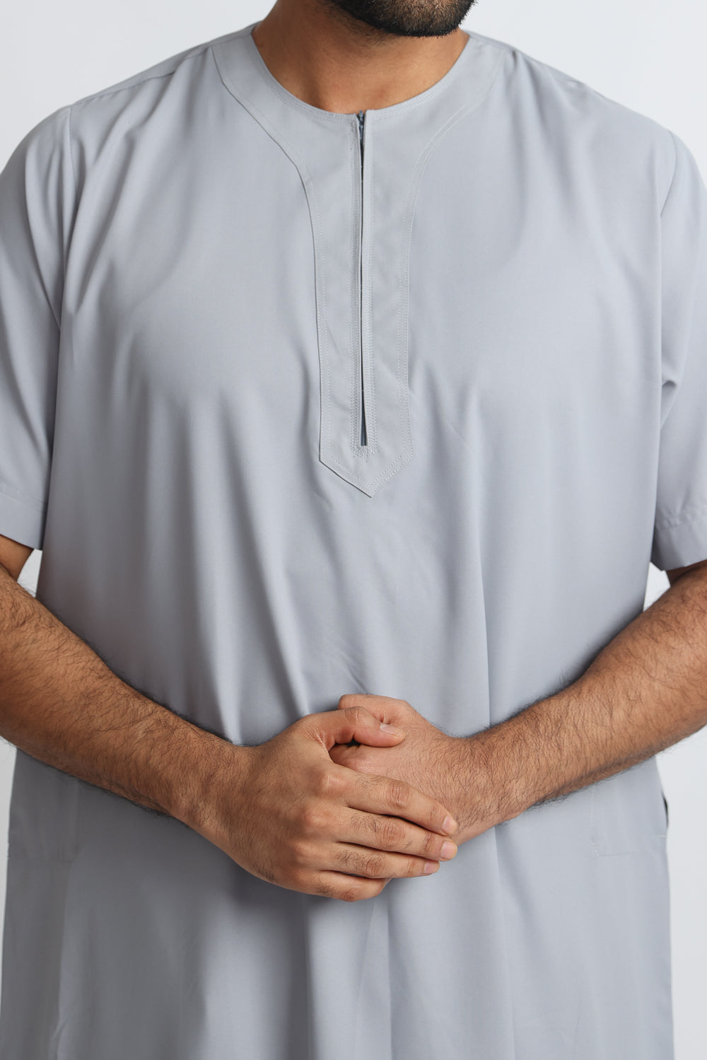 Premium Grey Cloud Half Sleeve Thobe for Men - Comfortable & Stylish Islamic Clothing - Perfect for Prayer, Eid, and Special Occasions