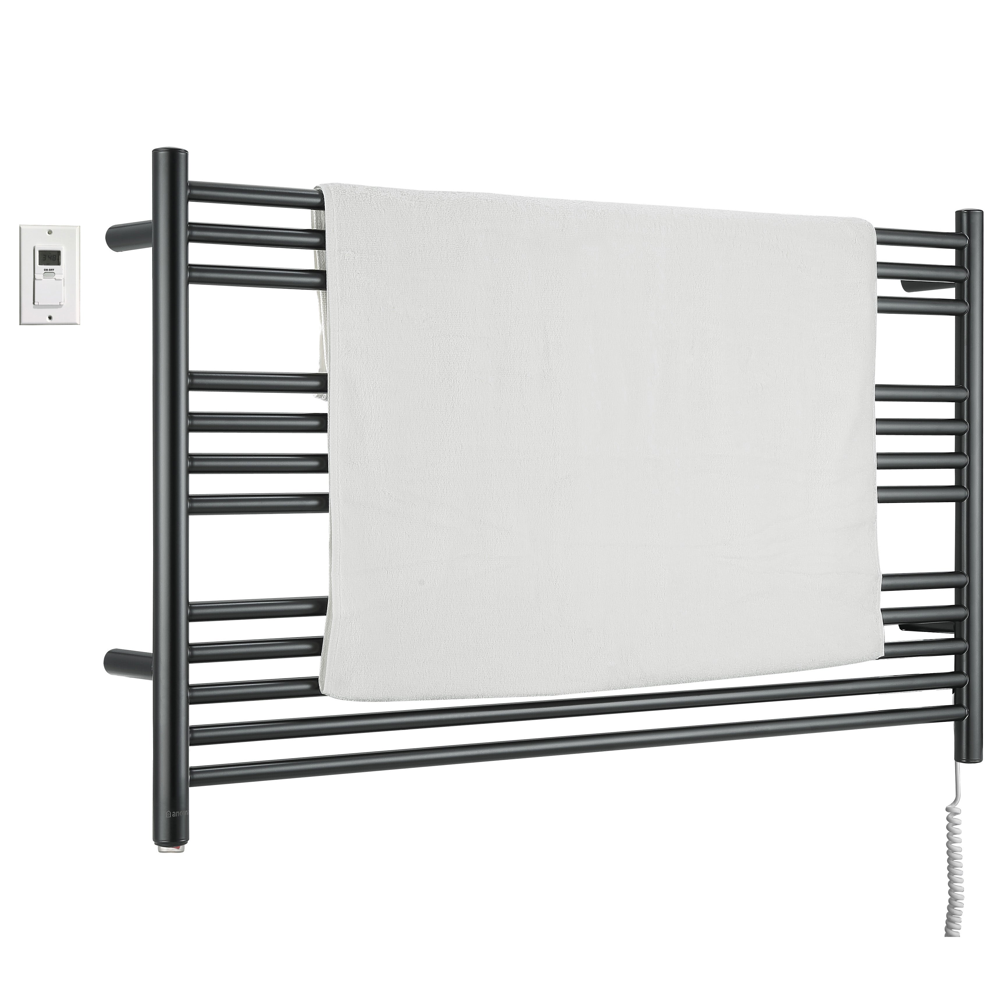 Ancona Amplia Dual 12 Bar Hardwired & Plug-in Electric Towel Warmer - Matte Black Finish with Digital Wall Timer - Perfect for Bathroom, Spa & Luxury Home Use