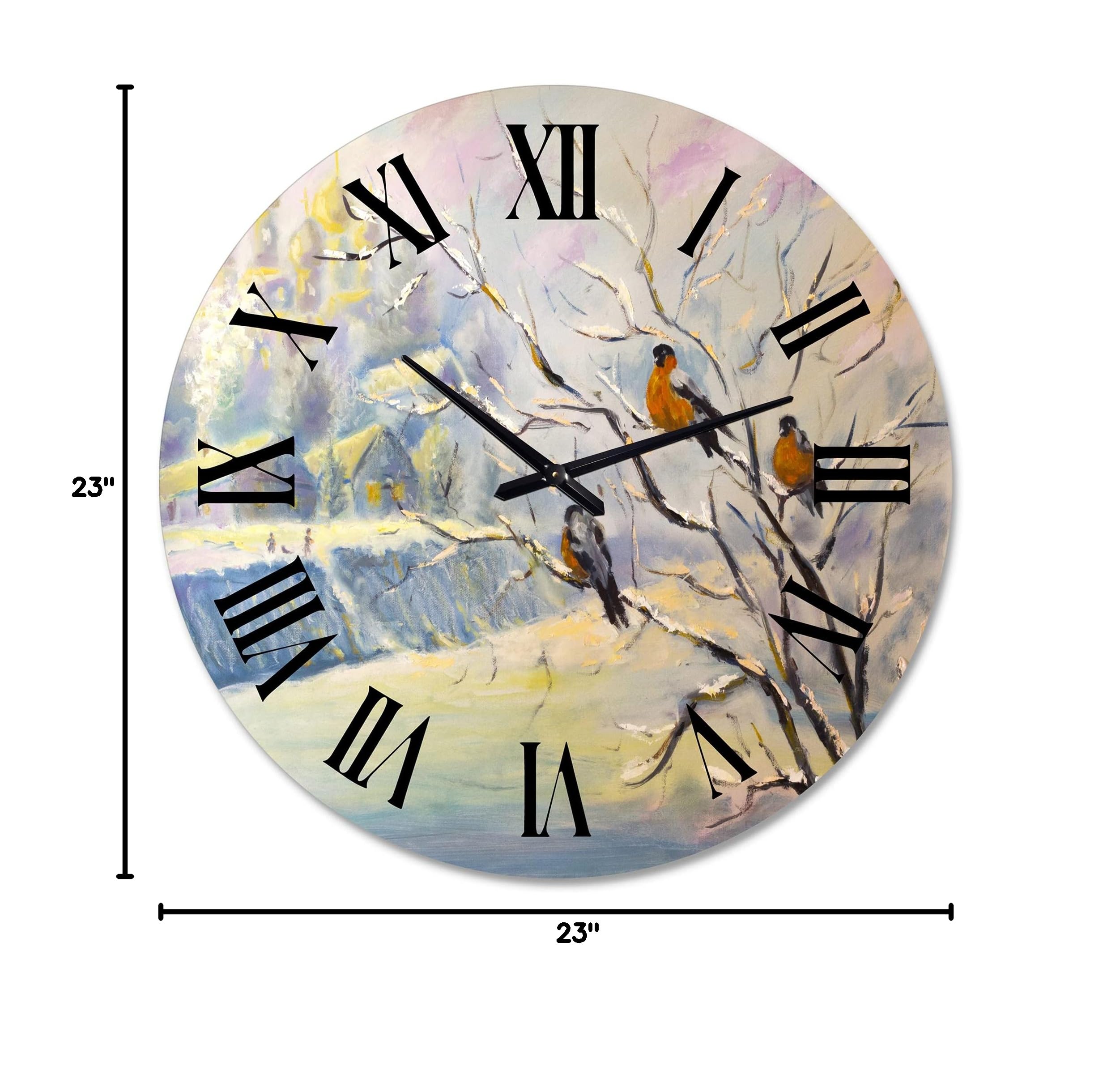 Farmhouse Wall Clock - Rustic Birds on a Tree in Winter Village - Large Decorative Clock for Kitchen, Living Room, Bedroom - Perfect for Home, Office & Cabin Decor