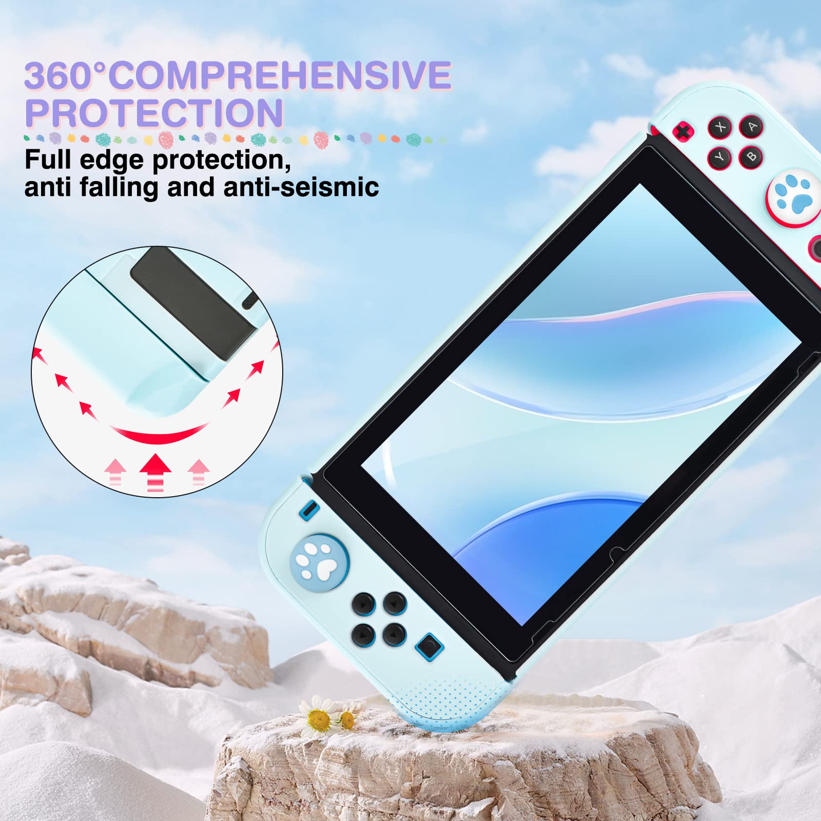 DLseego Blue Switch Case Set - 10-Slot Dockable Hard Shell Protective Carrying Case with 4 Cute Cat Paw Thumb Grips & Green Flower Chain for Nintendo Switch (2017 Version) | Perfect for Travel, Gaming Parties & On-the-Go Protection