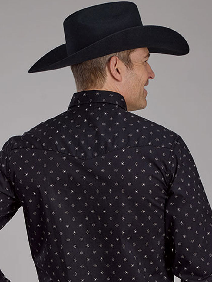 Roper Men's Long Sleeve Performance Snap Shirt - All Over Print, Black - Workwear & Outdoor Activities Shirt for Ranch, Farm, and Casual Wear
