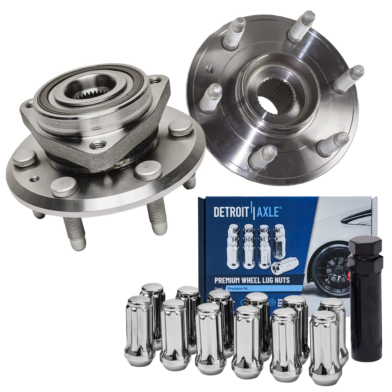 Detroit Axle Front & Rear Wheel Bearing Hub Assembly Kit for Chevy Traverse, Buick Enclave, GMC Acadia, Saturn Outlook - 2 Wheel Bearings, 12 Lug Nuts & Socket Key - Perfect for Off-Roading, Towing & Daily Driving