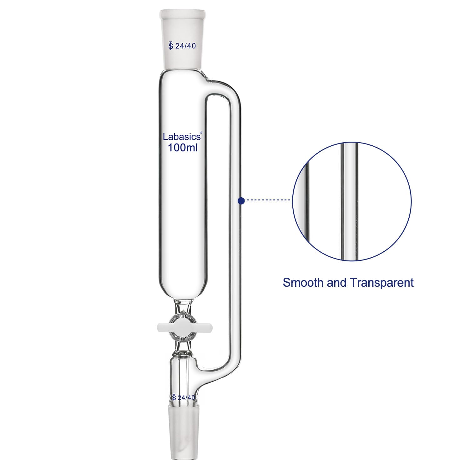 Labasics 100ml Pressure Equalizing Addition Funnel - Borosilicate Glass Dropping Funnel with 24/40 Joint & PTFE Stopcock - Ideal for Precise Chemical Dosing in Laboratory Experiments