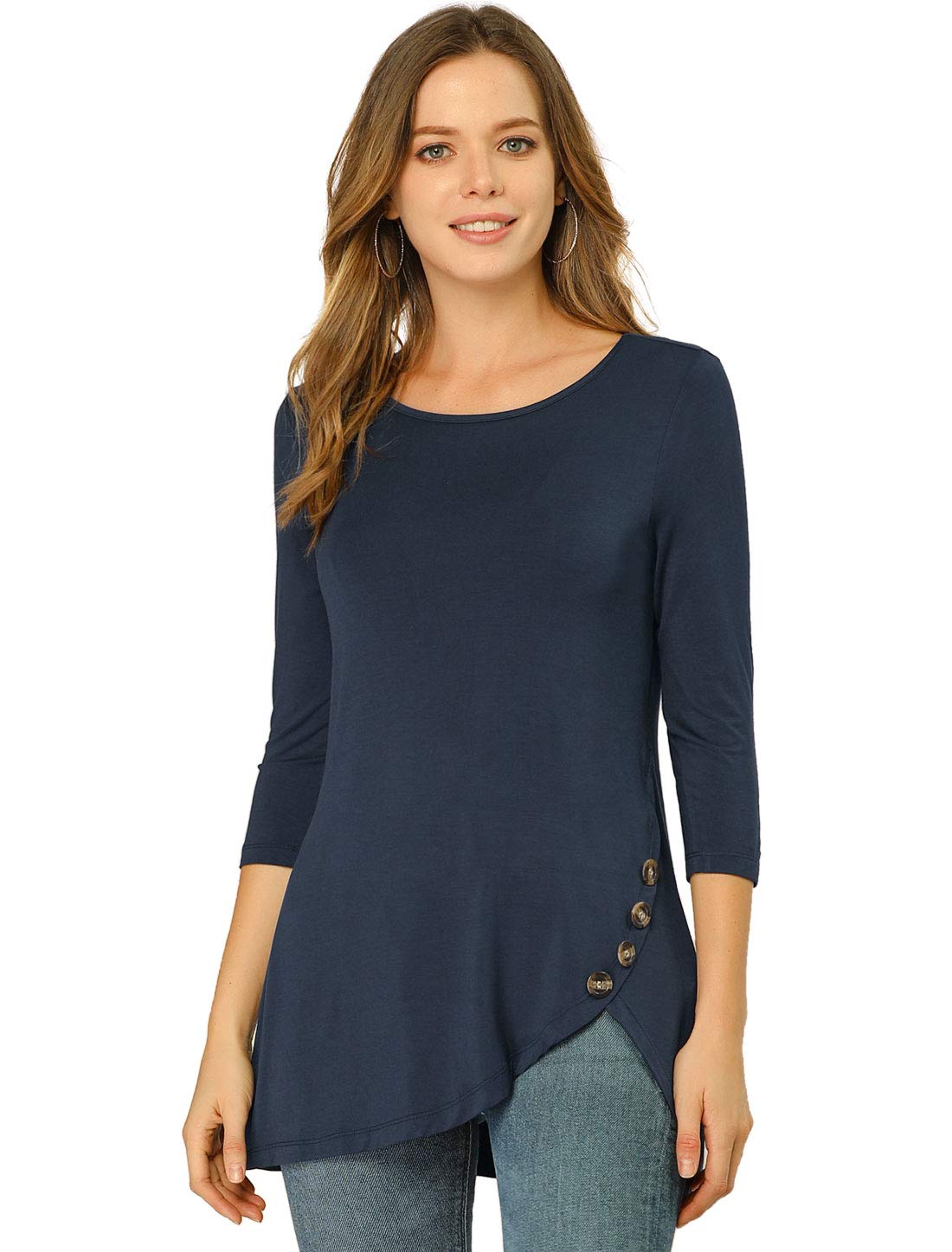 Allegra K Women's Loose Asymmetrical Hem Tunic T-Shirt - 3/4 Sleeve Round Neck Casual Top for Spring 2025 | Perfect for Work, Weekend Outfits & Layering