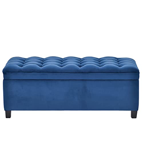 Upholstered Flip Top Storage Bench with Button Tufted Top - Blue U-Style Ottoman Bench for Living Room, Bedroom & Entryway Storage Solution