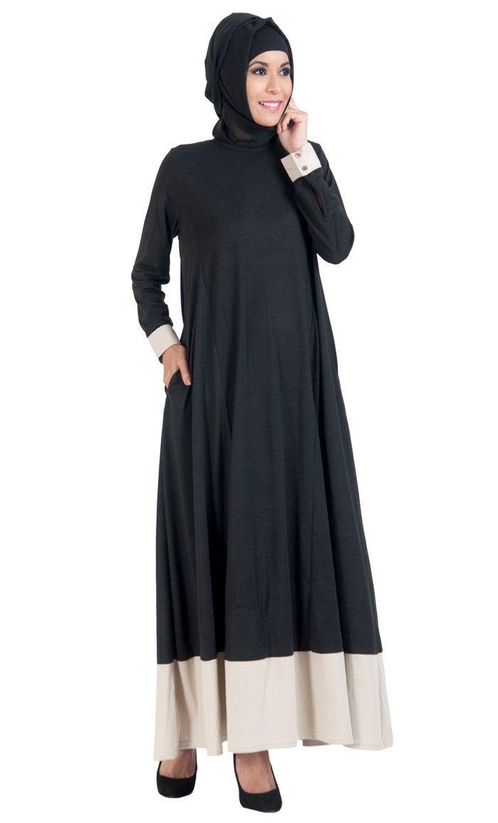 Stylish Colorblock Hem Flared Abaya Dress for Women - Modest Everyday Wear - Perfect for Work, Prayer & Casual Outings
