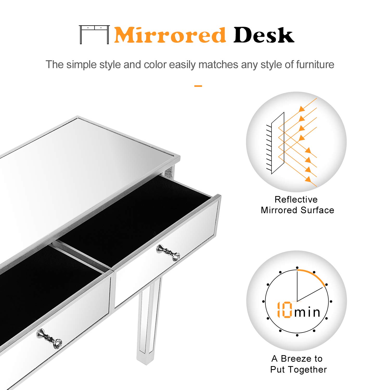 Bonnlo Modern Silver Mirrored Console Table with 2 Drawers - Entryway Hallway Sofa Table, Bedroom Desk & Living Room Furniture for Home Decor | Perfect for Foyers, Bedrooms & Behind Couches