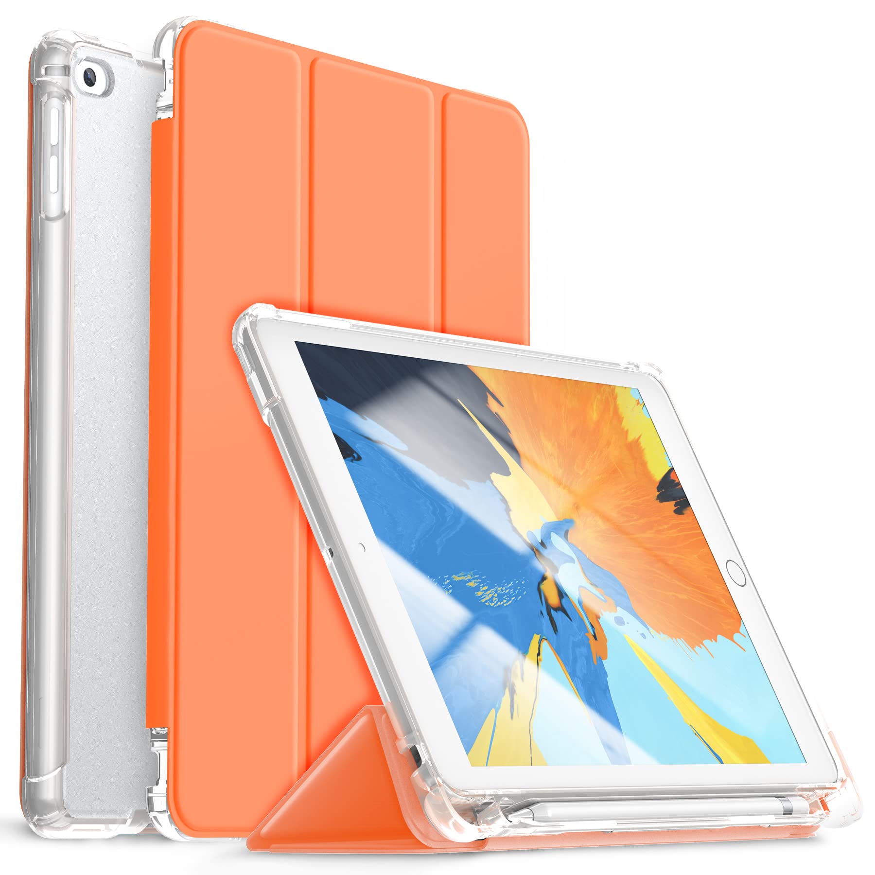 iPad Air 2 Case & iPad 9.7 inch Case (5th/6th Gen 2017-2018) - Triple Fold Stand Protective Smart Cover with Auto Sleep/Wake | Clear Orange | Perfect for Work, Travel & Home Use