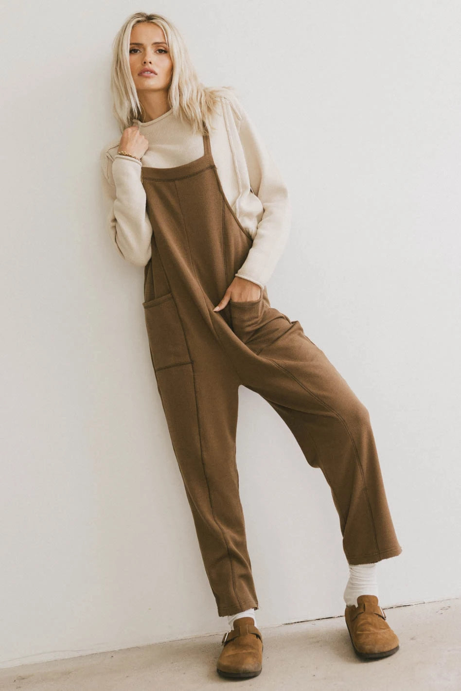 Kestrel Knit Overalls for Women - Mocha Brown Jumpsuit Romper with Pockets | Cozy & Stylish Casual Wear for Outings, Dates, and Weekend Outings