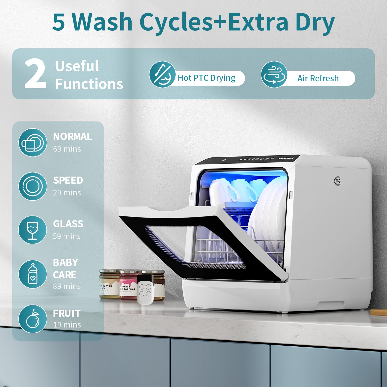 Portable Countertop Dishwasher - 5 Wash Programs, 5L Built-in Water Tank & Double-Layer Glass Door - No Plumbing Required for Home, Apartment, RV & Small Kitchen Use | Compact Dishwashing Solution for Dorms, Camping & Tiny Houses