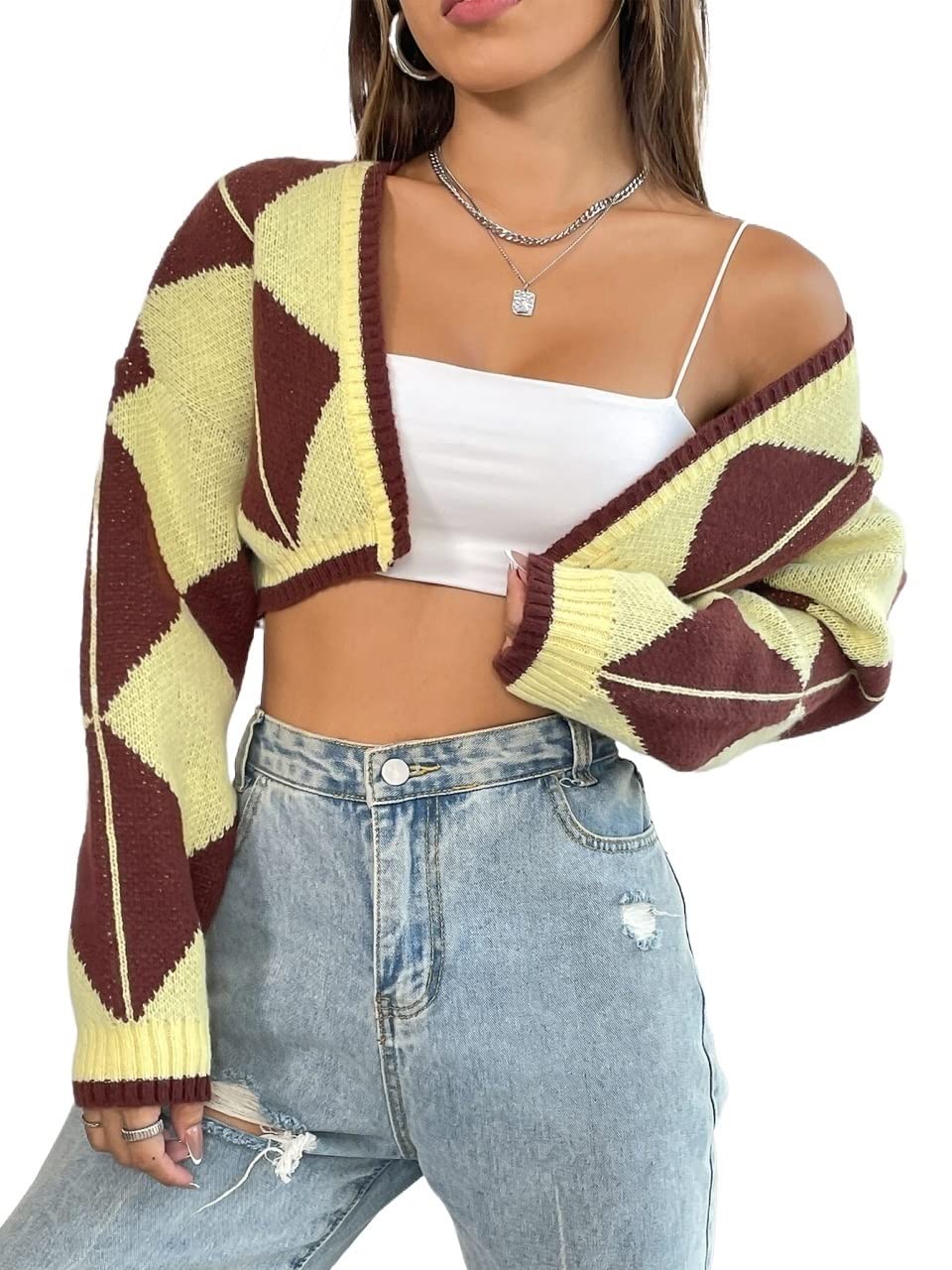 Women's Argyle Pattern Drop Shoulder Crop Duster Cardigan Sweater - Multicolor, Size G | Casual Chic Layering for Fall & Winter | Office Wear, Date Night, Weekend Outfits