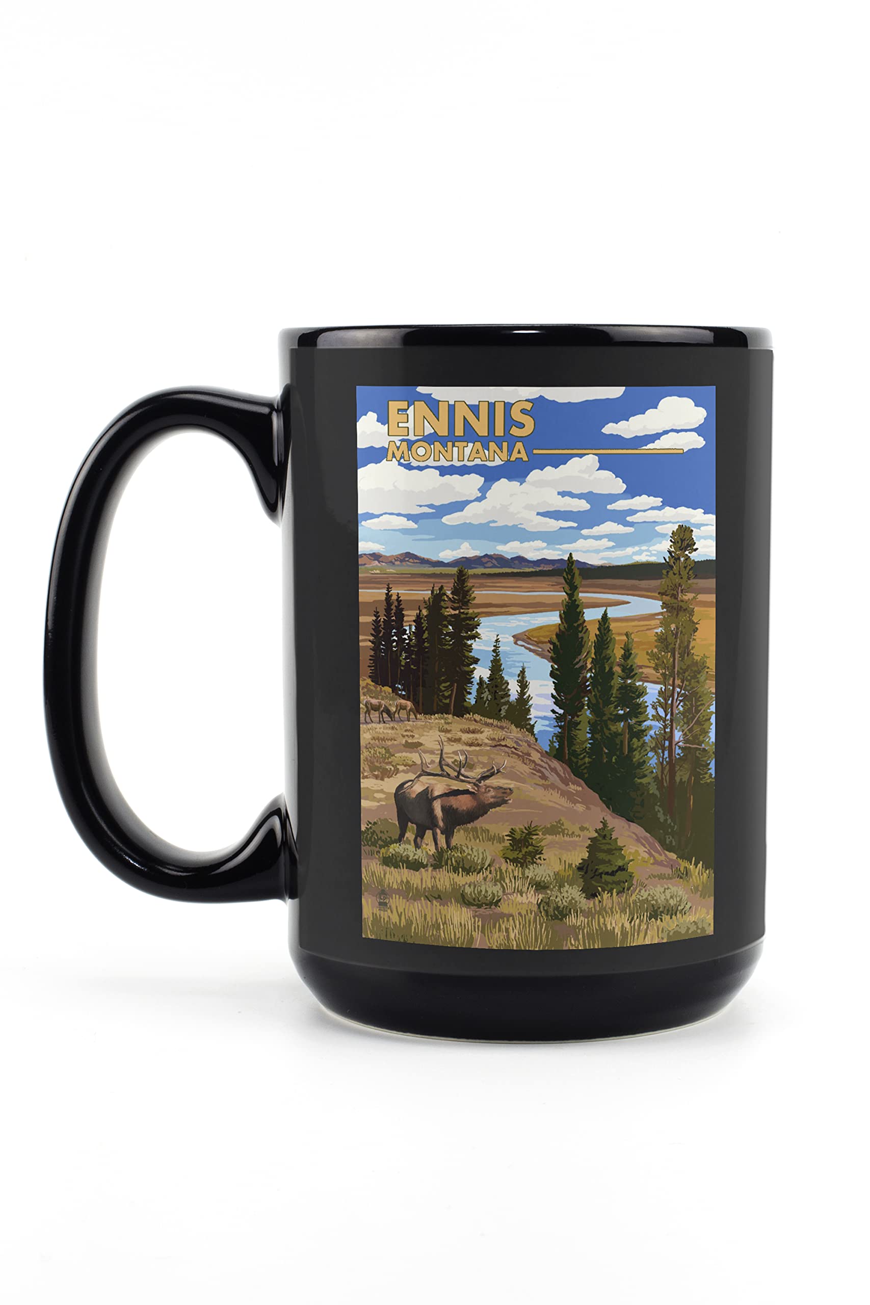 Lantern Press Ennis Montana Yellowstone River Elk 15oz Black Ceramic Coffee Mug - Microwave & Dishwasher Safe - Perfect for Home, Office & Camping