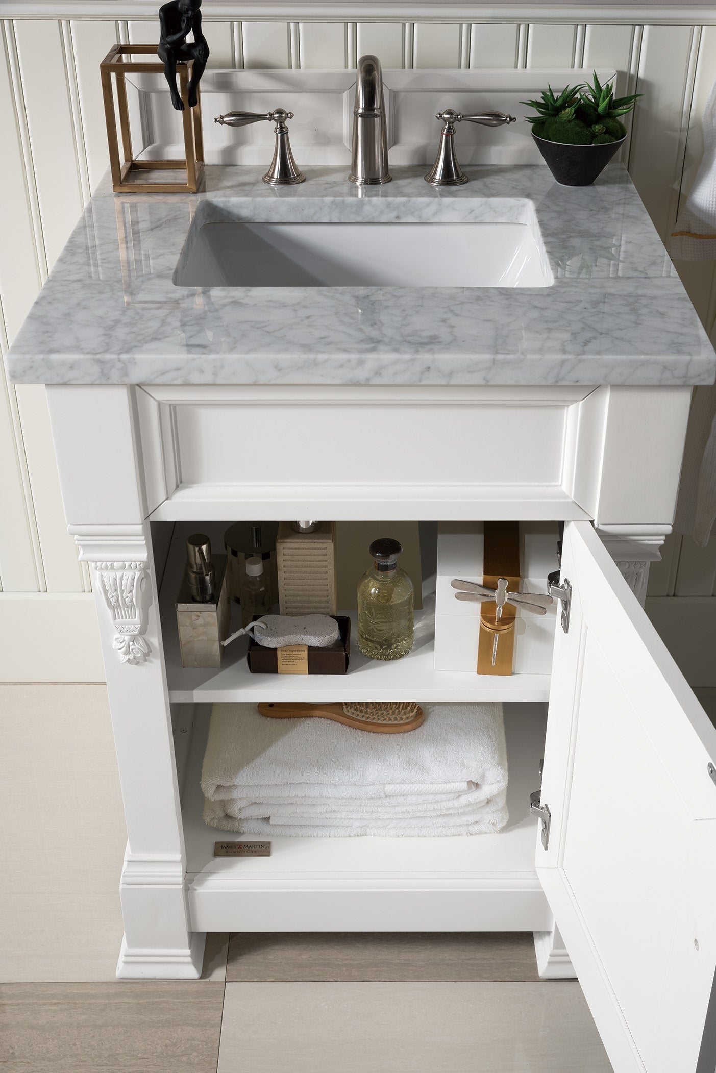 Brookfield 26 Inch Single Bathroom Vanity Set with Bright White Finish & 3CM Carrara Marble Countertop - Perfect for Small Bathrooms, Powder Rooms & Modern Home Decor