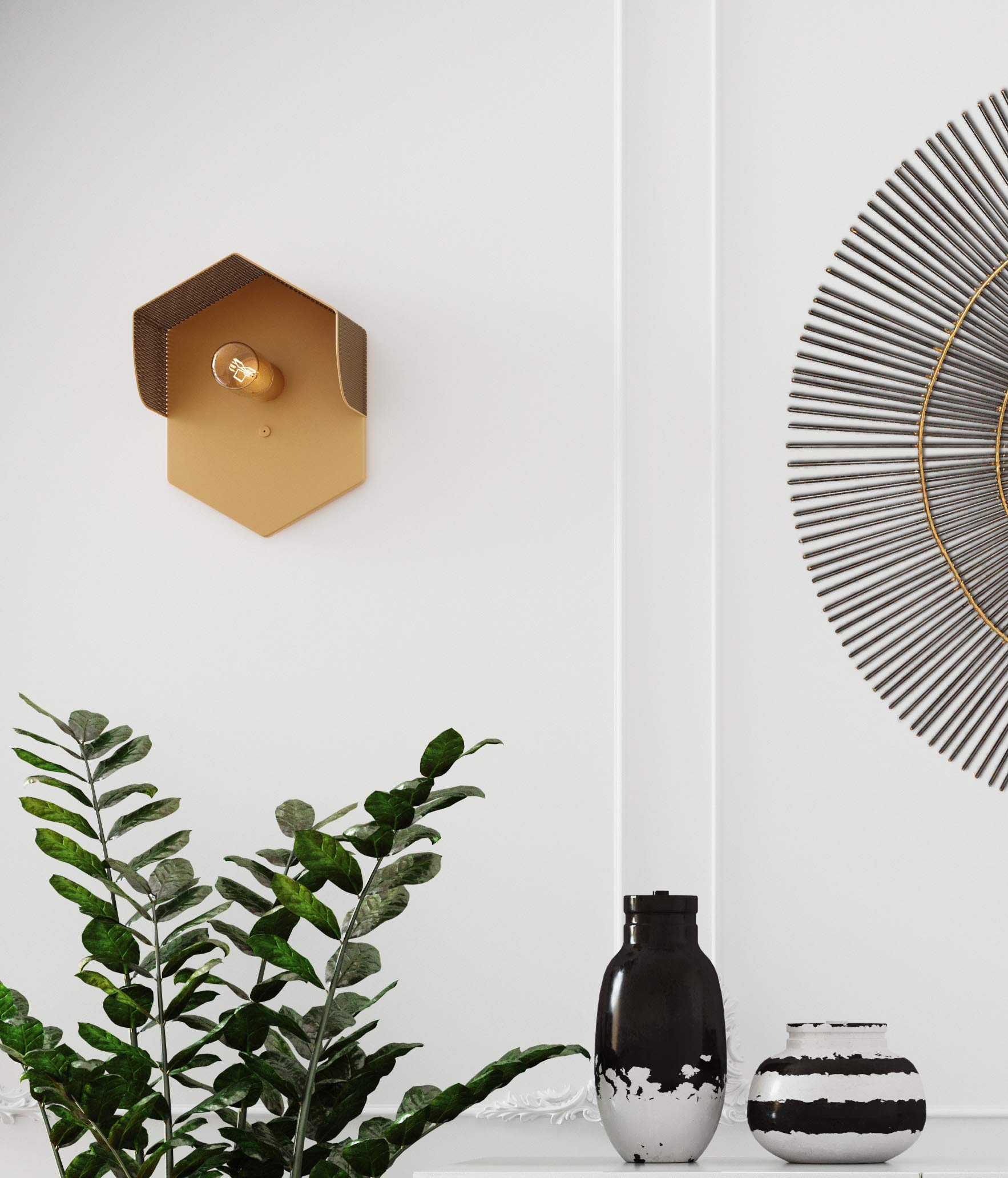 Vintage Hexagonal Wall Sconce - 40W Indoor Lighting Fixture in Tan for Living Room, Bedroom & Hallway | Tov Furniture Mokhtar Collection