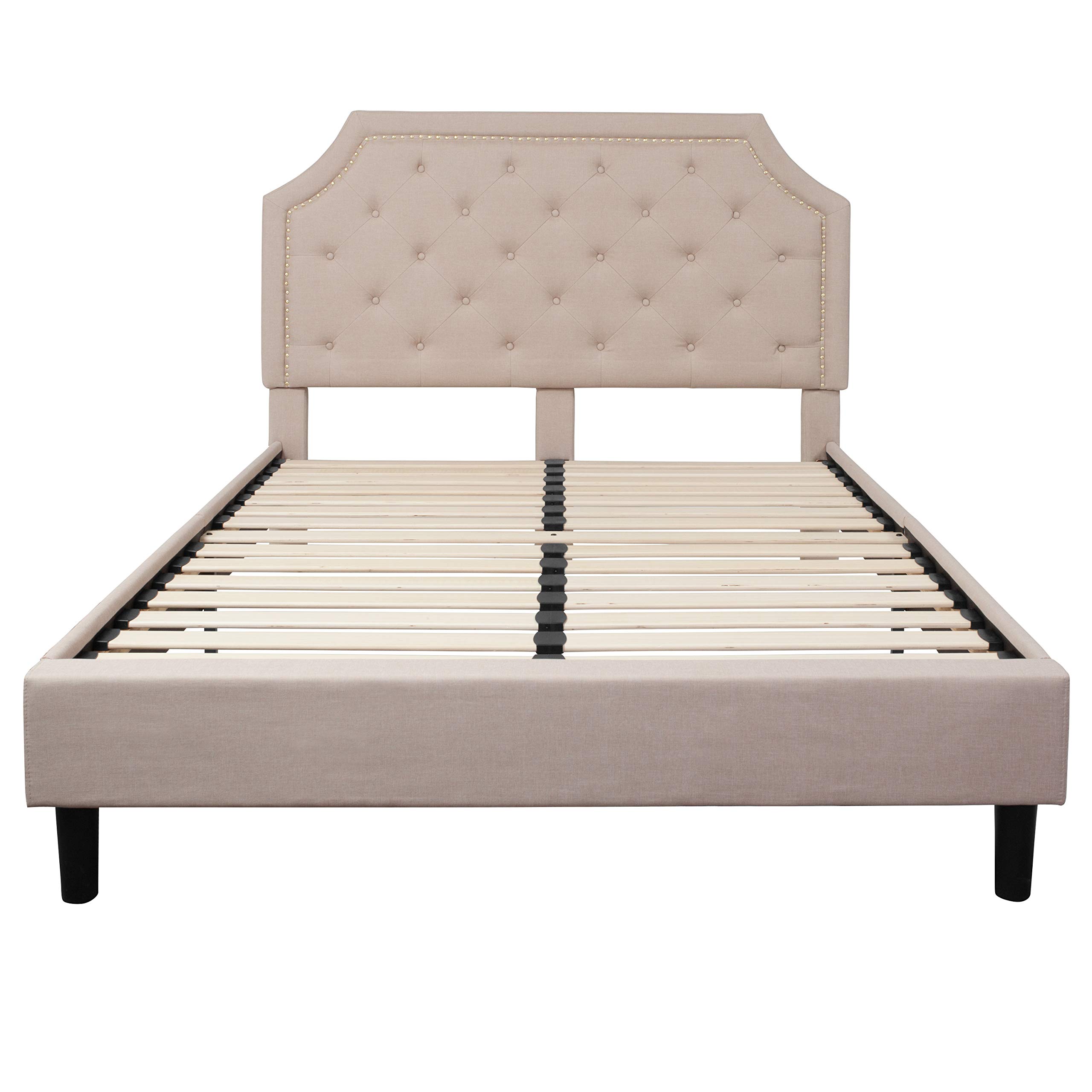Queen Size Arched Tufted Upholstered Platform Bed Frame - Beige Fabric Upholstery Headboard with Wooden Slat Support | Perfect for Master Bedroom, Guest Room & Apartment Decor