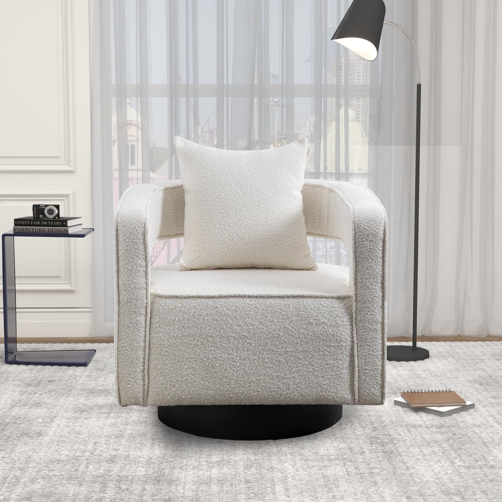 360° Swivel Barrel Chair - Modern Boucle Upholstered Accent Armchair with Hollow Backrest, 29