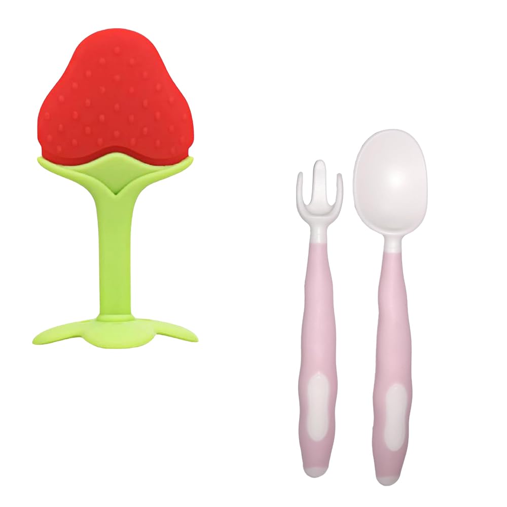 Kritiu BPA-Free Silicone Teether & Baby Spoons Set - Safe Infant Feeding Essentials for 6+ Months (Red & Pink) - Perfect for Soothing Teething Pain & First Solid Foods