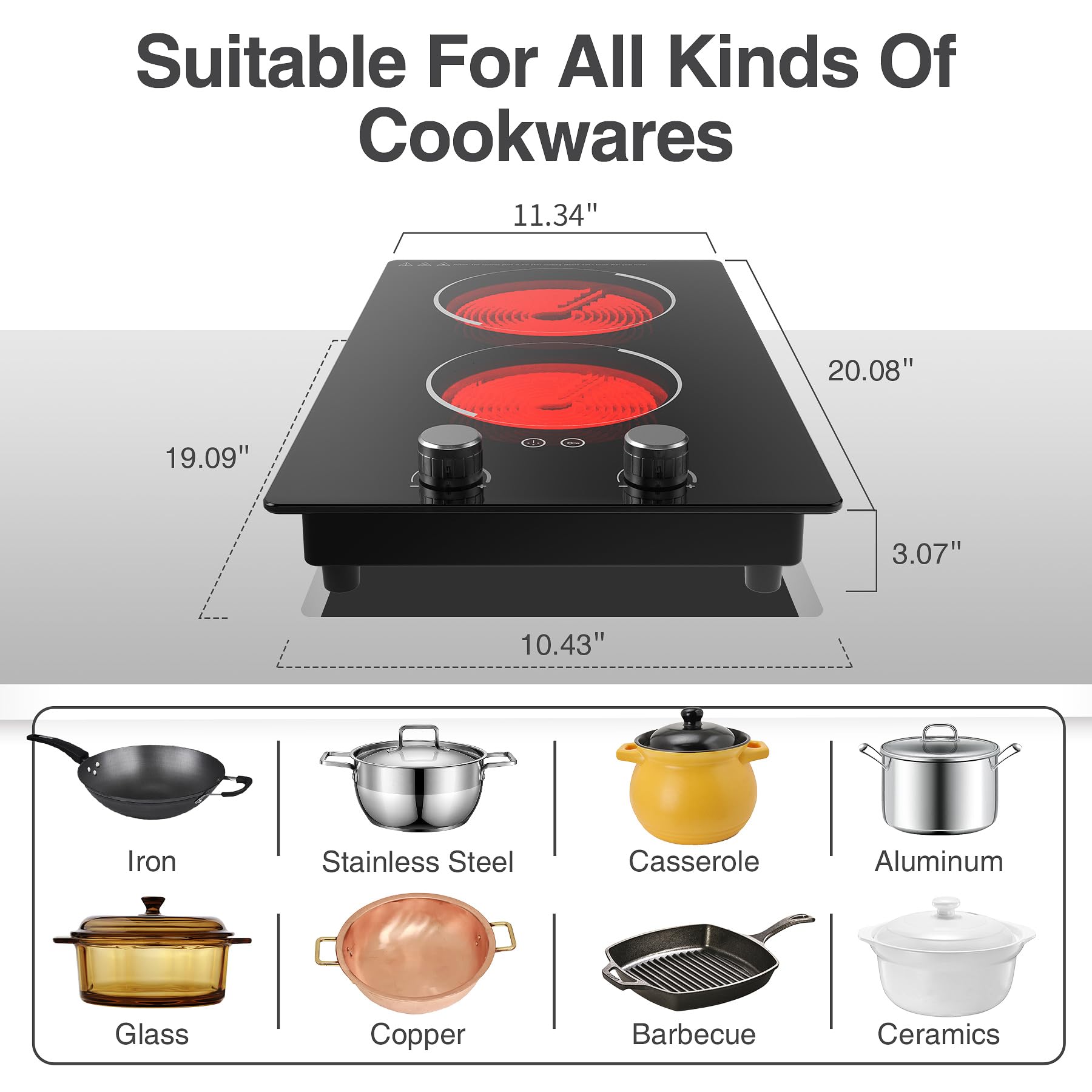 110V 2100W Electric Induction Cooktop with Knob Control - 10 Power Levels, Child Safety Lock, Timer & Overheat Protection - Built-in Radiant Double Burner for Fast Cooking - Perfect for Apartments, Dorms & Small Kitchens