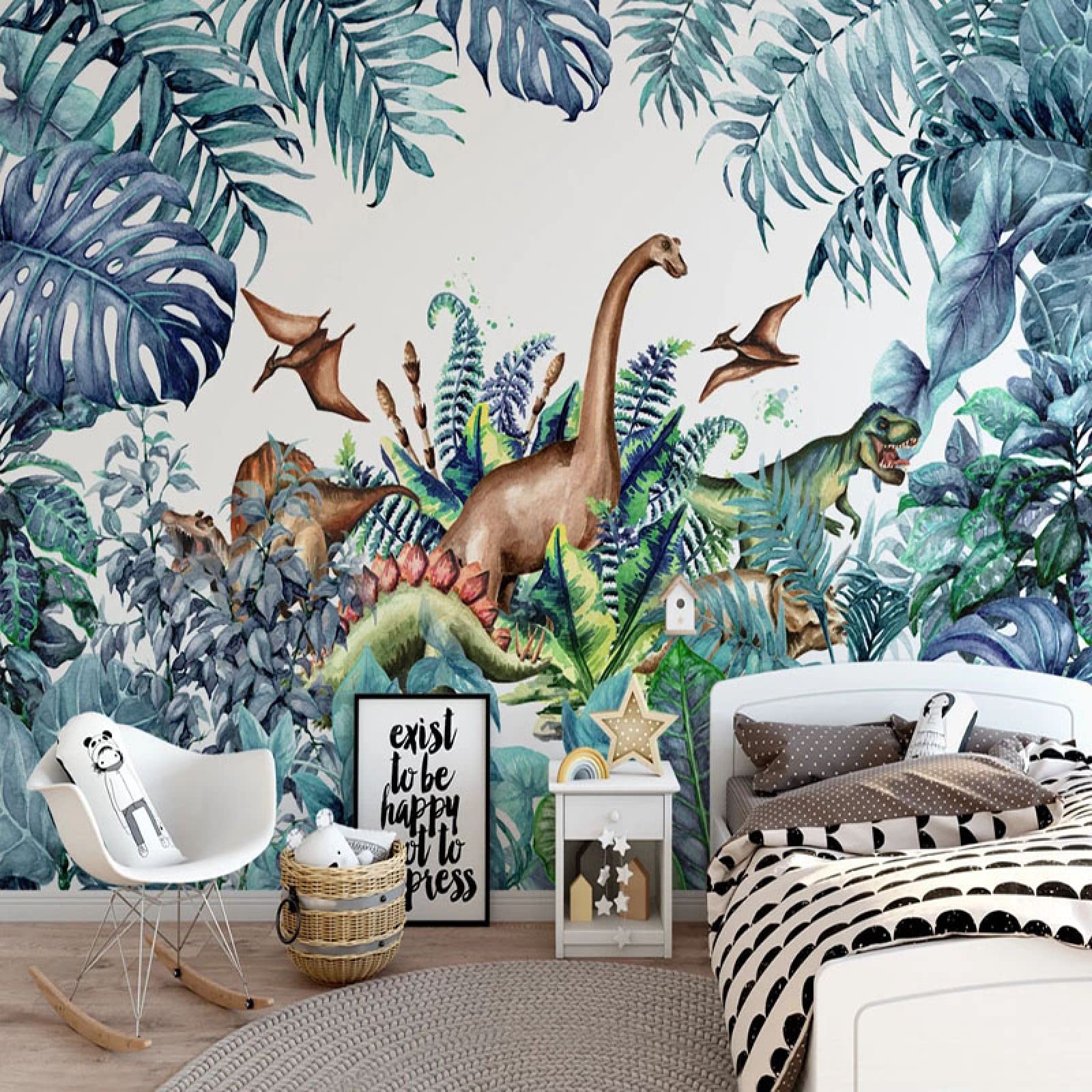 3D Tropical Plant Wallpaper with Cartoon Dinosaurs - Self-Adhesive Large Mural 118x82.6 Inch for Kids Room, Living Room & Bedroom Decor - Perfect for Nursery, Playroom and Home Interior Design