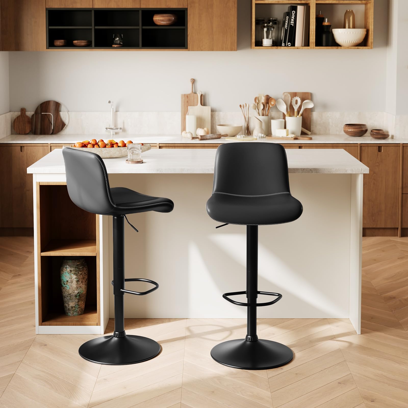 CuisinSmart Adjustable Swivel Bar Stools Set of 2 - Modern Upholstered Counter Height Bar Chairs with Footrest & Backrest - Perfect for Kitchen Island, Home Bar, Breakfast Nook & Dining Room - Black