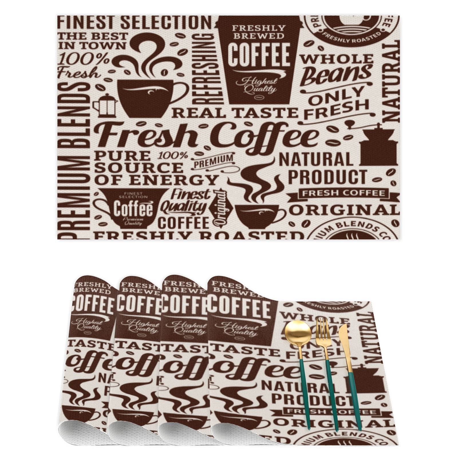 Heat-Resistant Coffee Shop Pattern PVC Placemats Set of 4 - Stain & Slip Resistant Washable Table Mats for Dining & Kitchen - Perfect for Breakfast, Coffee Shops, Restaurants and Home Decor