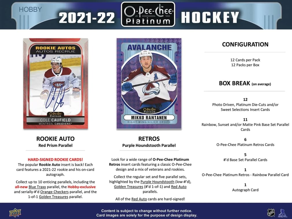 2021/22 O-Pee-Chee Platinum Hockey Hobby Box - 12 Packs (144 Cards) | NHL Trading Cards Collection for Collectors & Fans | Perfect for Sports Memorabilia Displays & Card Trading Events