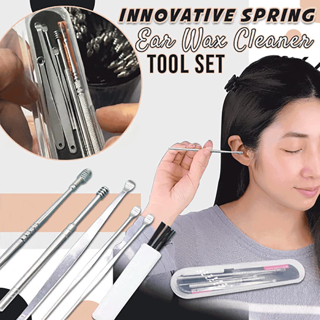 6pcs Spring Ear Wax Cleaner Tool Set - Safe Earwax Removal Kit with Curette, Cleaning Brush & Storage Box - Perfect for Home, Travel & Personal Hygiene Care