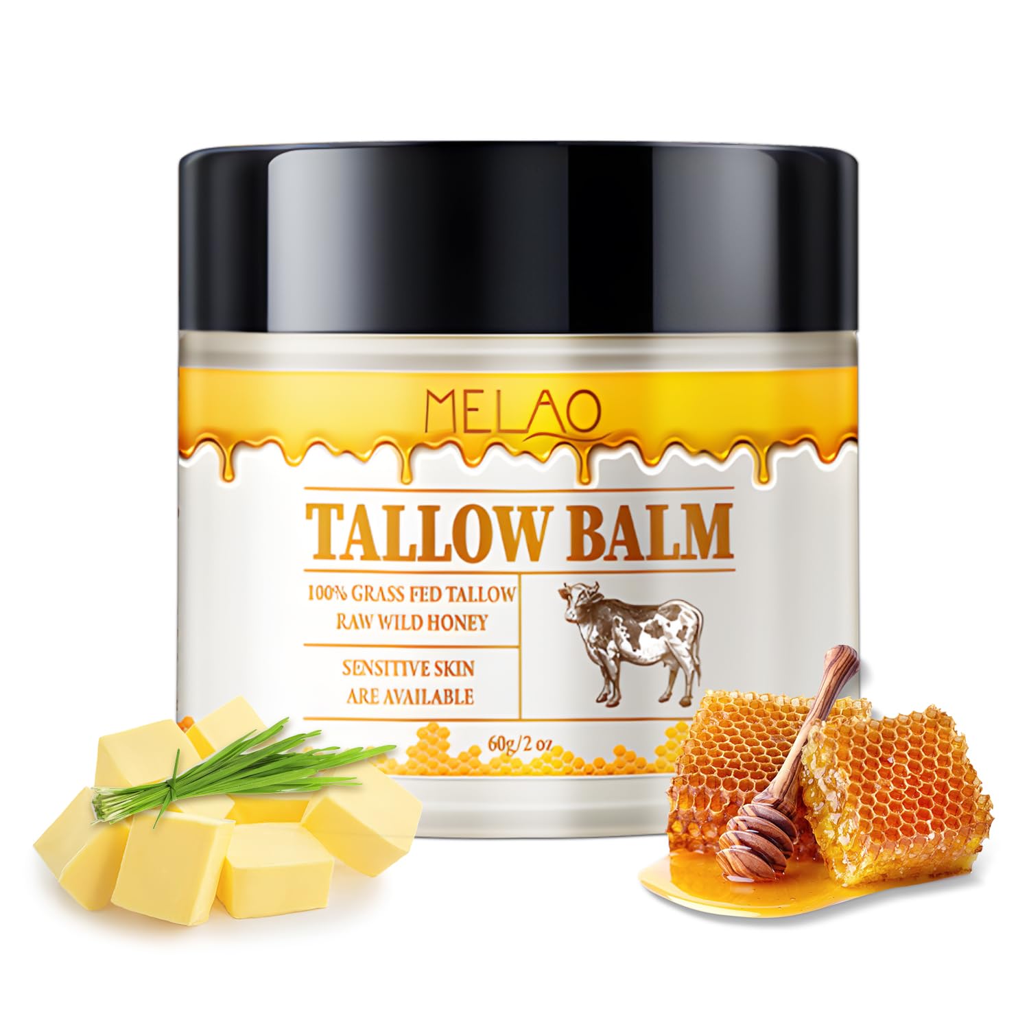 Grass-Fed Beef Tallow & Manuka Honey Moisturizing Balm - Organic Unscented Whipped Skin Cream with Beeswax & Olive Oil for Face & Body - Fast Absorbing, Deep Hydration (2 oz) - Perfect for Dry Skin, Eczema & Nighttime Skincare Routine