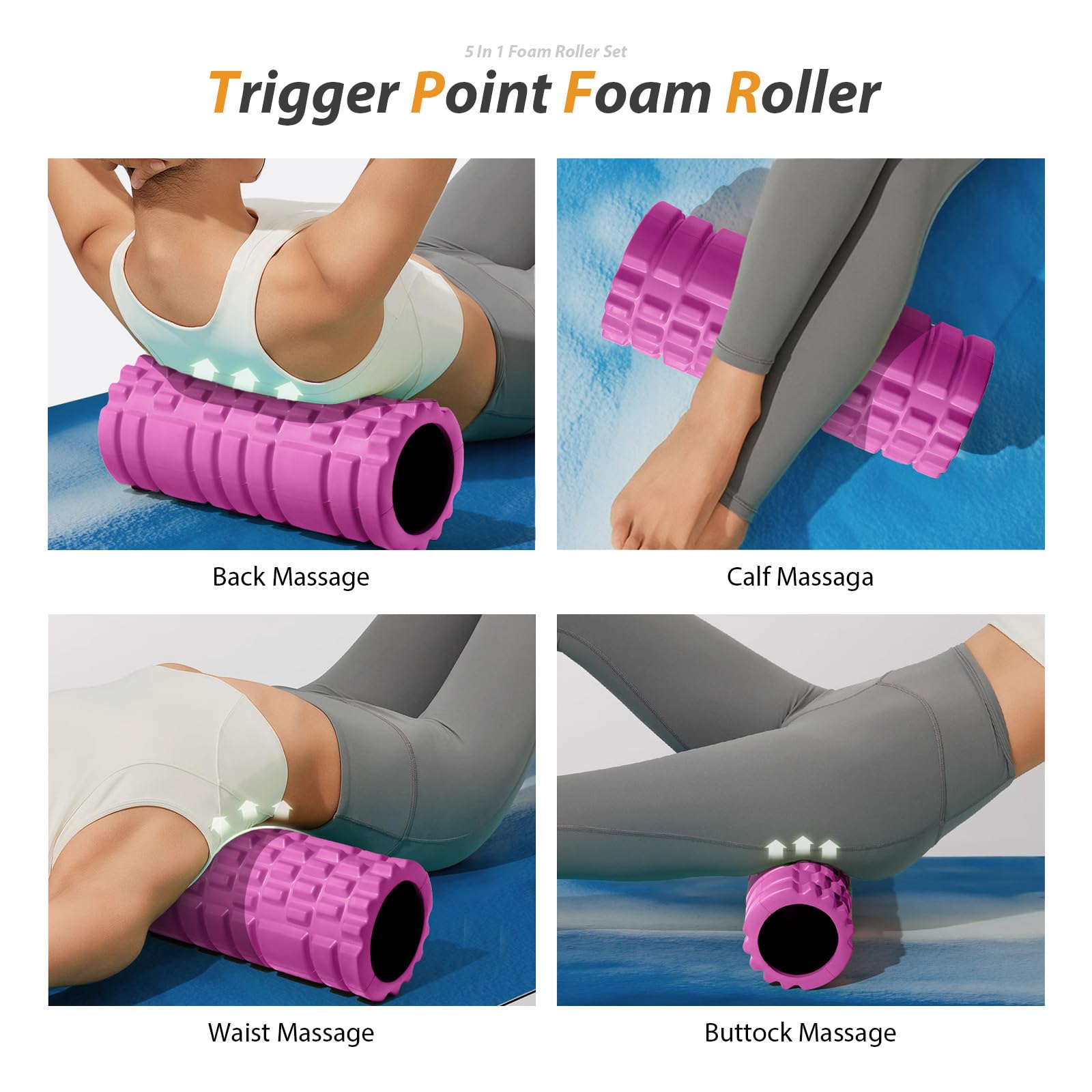 5 in 1 Foam Roller Set for Deep Tissue Muscle Massage & Recovery - Trigger Point Fitness Patented Exercise Foam Roller, Massage Roller, Massage Ball & Stretching Strap - Full Body Pain Relief for Athletes, Yoga & Post-Workout Recovery (Pink-Black)