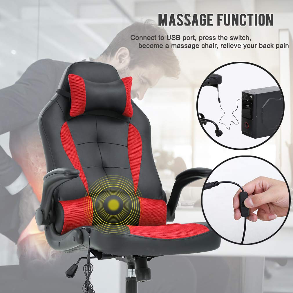 Ergonomic PC Gaming Chair - Racing Style Office Chair with Lumbar Support & Headrest - PU Leather Executive Desk Chair with Massage Function - Adjustable Armrests & Swivel Base - Perfect for Gaming, Home Office & Workstations (Red)