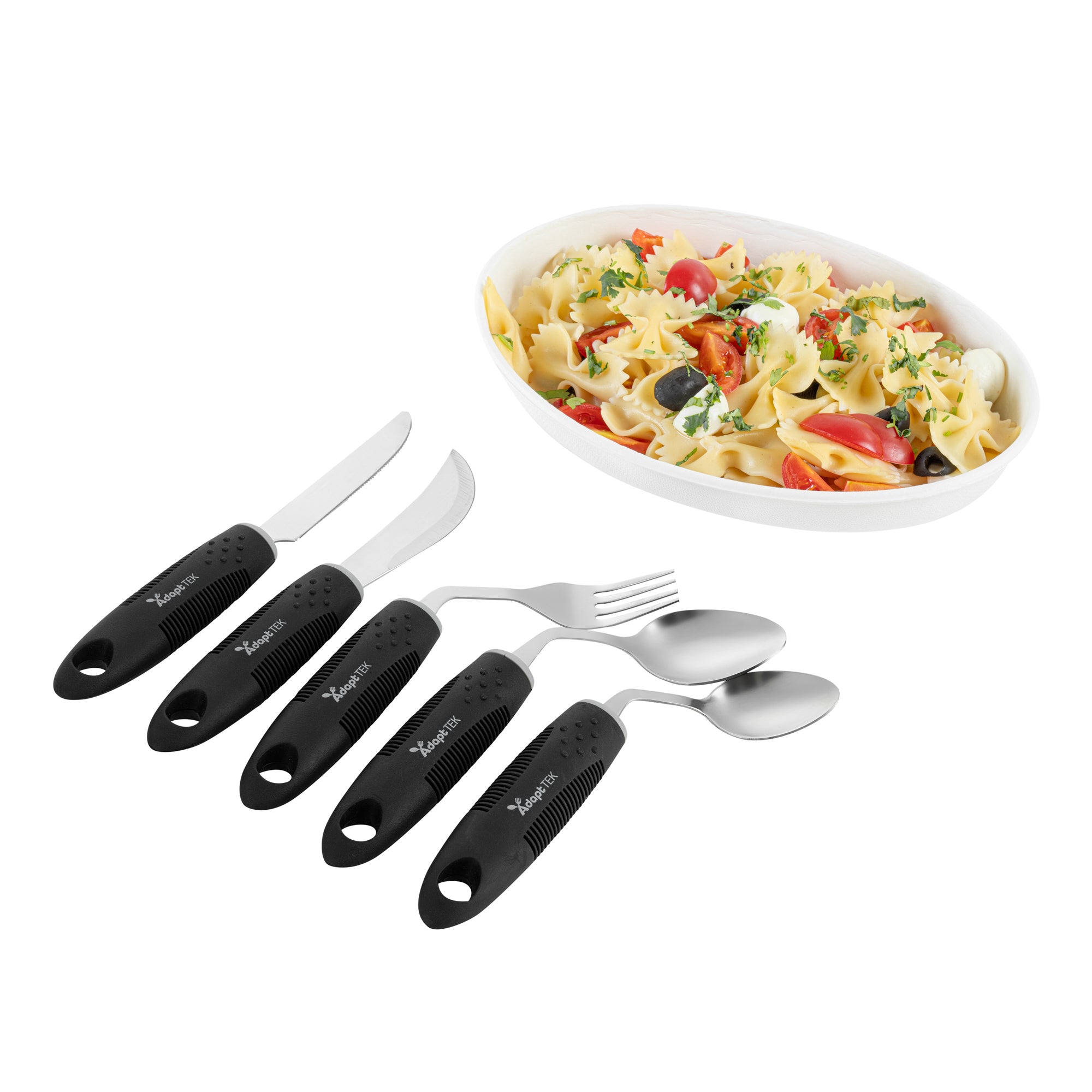 Adapt Tek Black Stainless Steel 5-Piece Adaptive Offset Utensil Set for Left-Handed Users - Lightweight, Non-Slip Grip, Ergonomic Design - Ideal for Arthritis, Limited Mobility & Elderly Care (1 Count) - Perfect for Cooking, Dining & Assisted Living