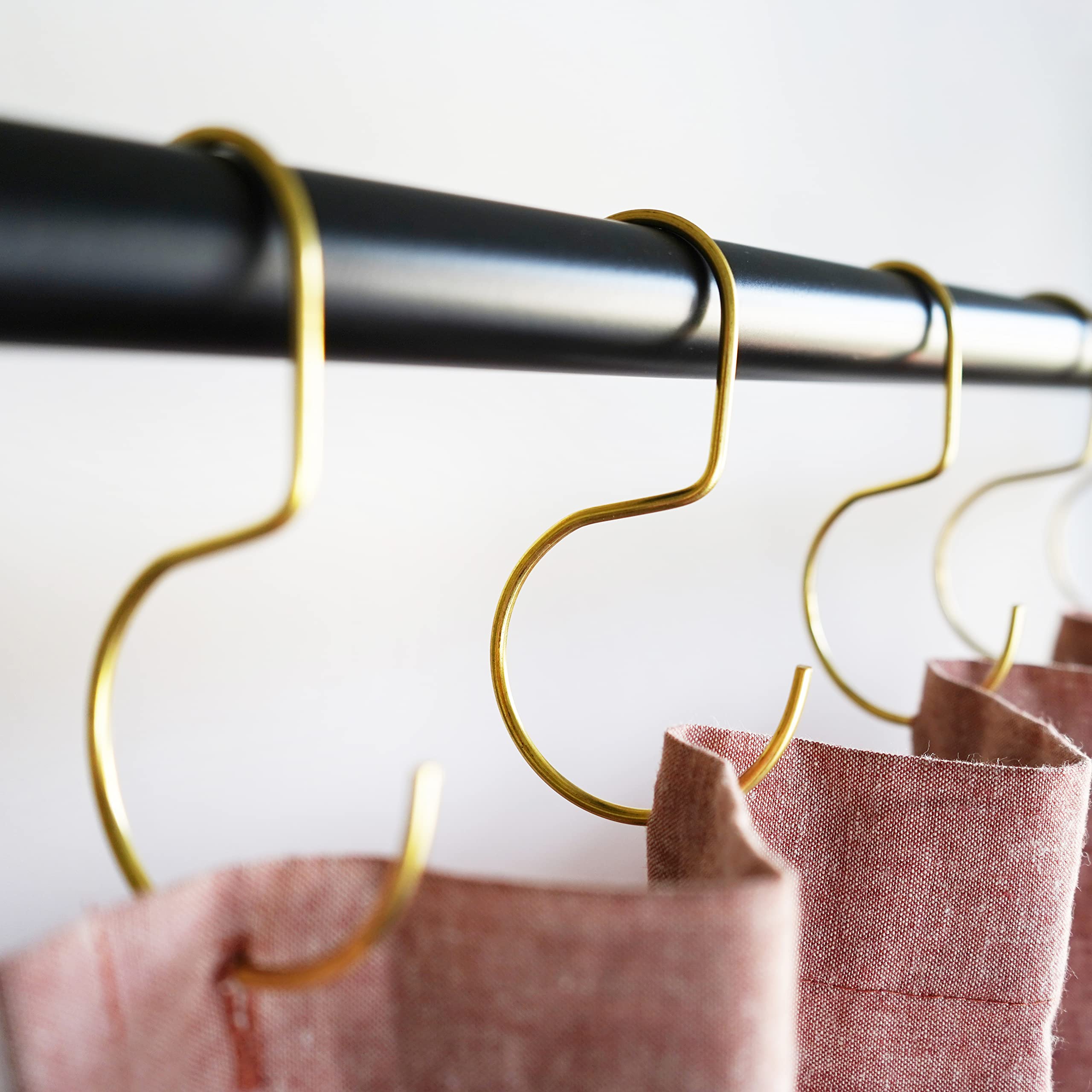Minimalist Shower Curtain Hooks - Stainless Steel, Brass & Black Metal S Hooks - 12 Pack (Brass O-Hook) for Bathroom, Closet, Purse & Bag Organization - Durable Curtain Rings & Jean Hooks for Home Decor