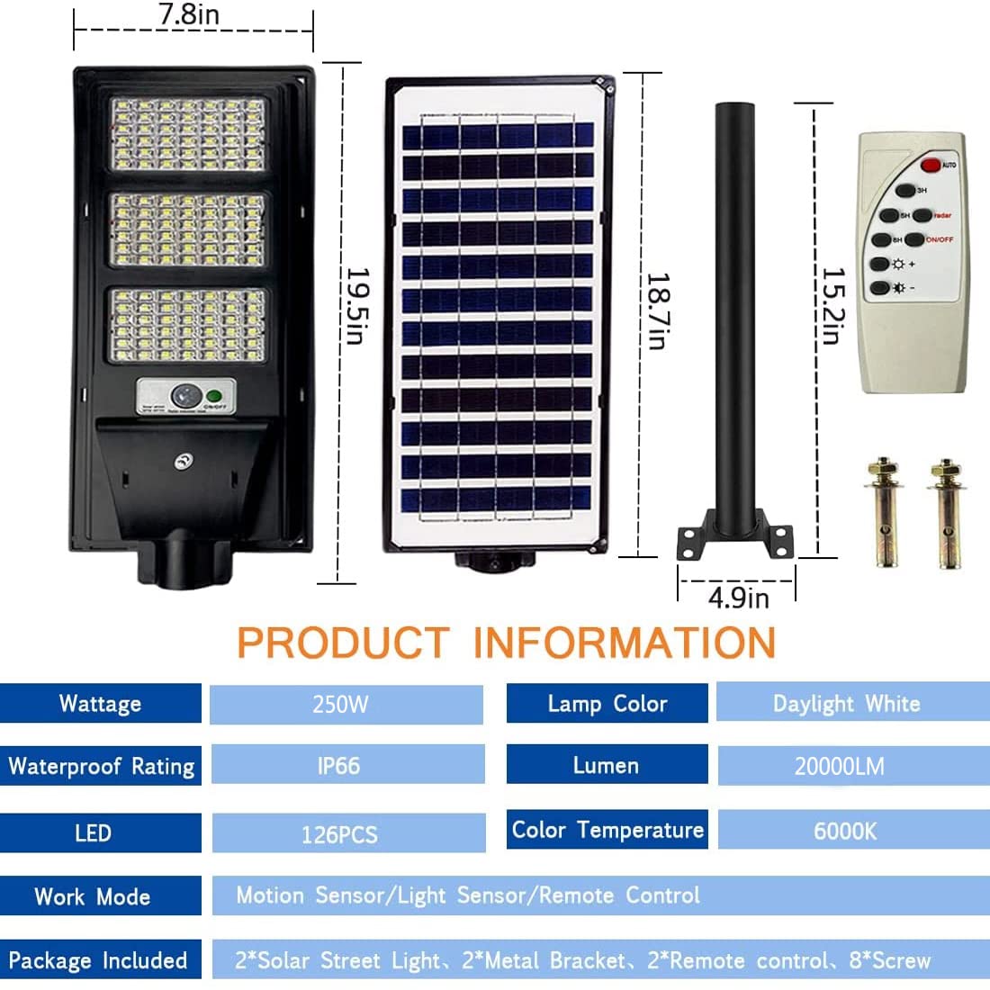 20000LM Solar Street Lights Outdoor - Dusk to Dawn Motion Sensor Security Lighting for Streets, Yards, Parking Lots (2 Pack) - Weatherproof & Energy Efficient Solar Powered Lights for Home & Commercial Use