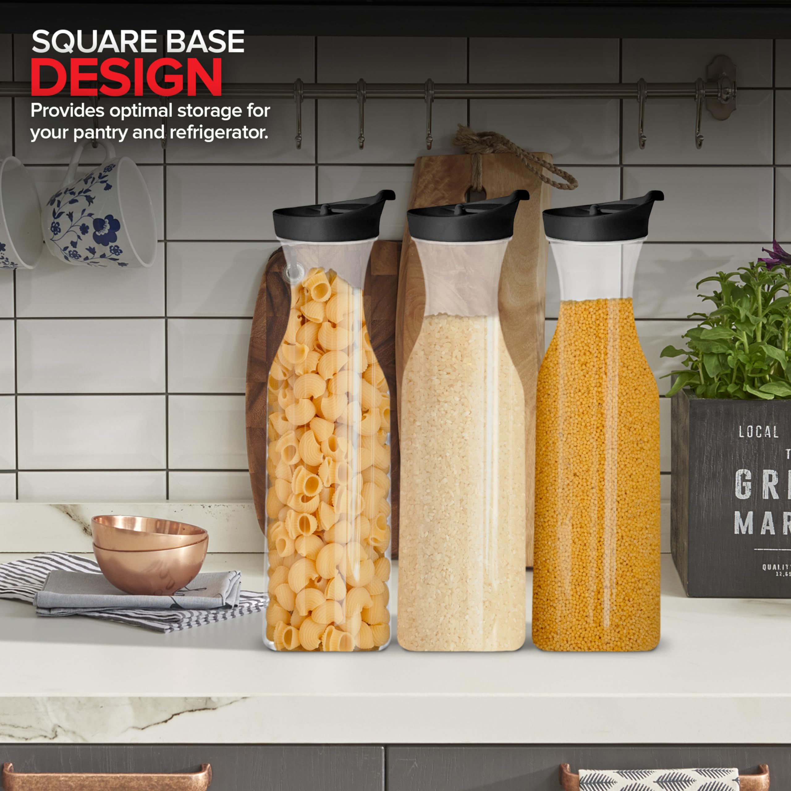 50oz Clear Plastic Juice Carafe with Black Lids (2 Pack) - BPA-Free Drink Pitcher for Mimosa Bar, Iced Tea, Lemonade & Milk Storage - Perfect for Refrigerator, Pantry & Party Serving - Square Beverage Container with Leak-Proof Lid