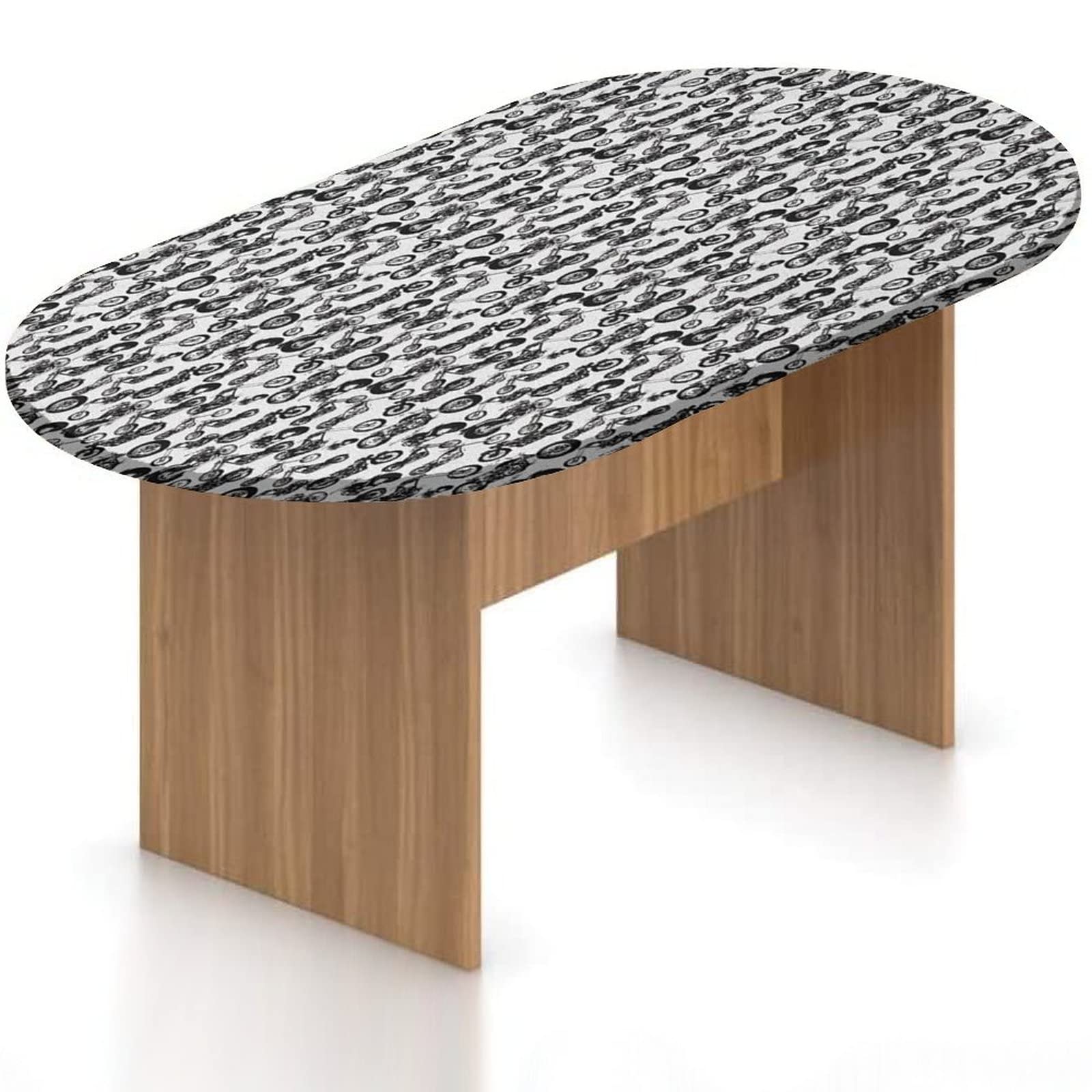 Elastic Fitted Oval Tablecloth - Motorcycle Themed Polyester Table Cover with Retro Chopper Pattern - Monochrome Print Fits 42x60 Inch Tables - Perfect for Biker Themed Parties, Cafes & Home Decor