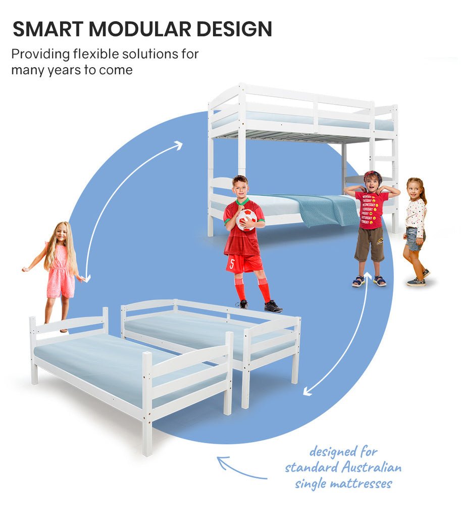 Kids Single Wooden Bunk Bed Frame - White | Sturdy & Safe Loft Bed for Children's Bedroom | Perfect for Siblings, Sleepovers & Small Spaces