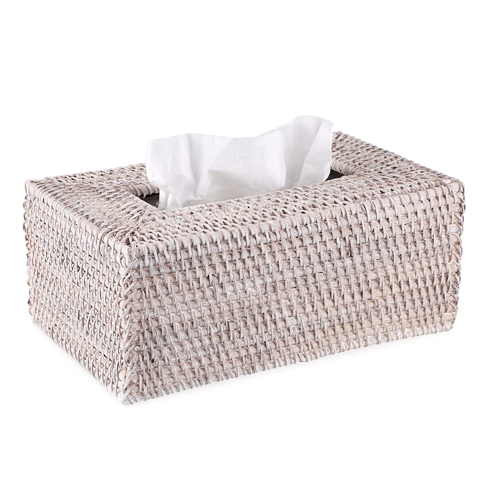 Rattan Tissue Box Cover - Decorative Wicker Tissue Holder for Bathroom, Living Room, Kitchen & Office - Whitewashed Rectangle Tissue Box Organizer | Perfect for Home Decor and Tabletop Organization