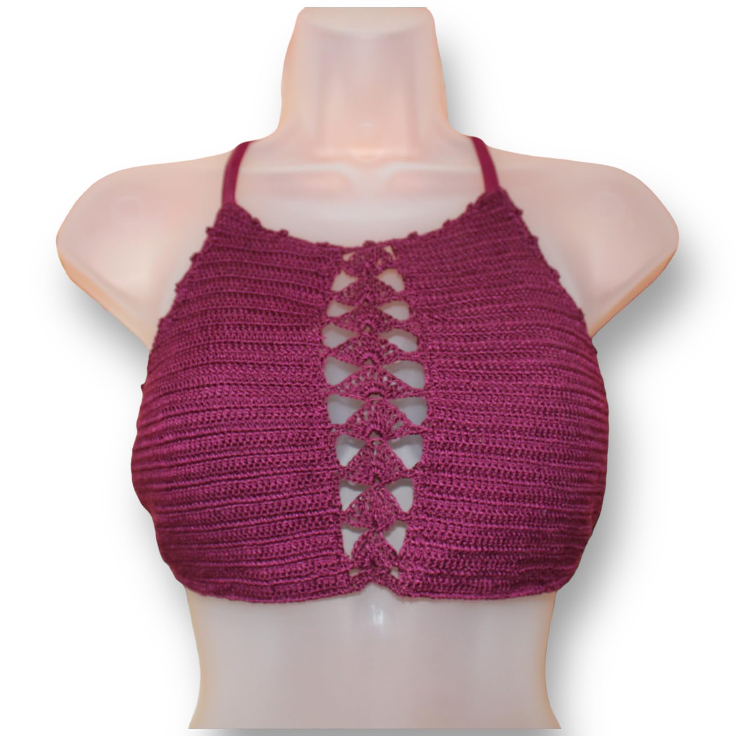Women's Crochet High Neck Bikini Top - Black Cherry - Large Size - Sexy Summer Swimwear for Beach, Pool & Vacation