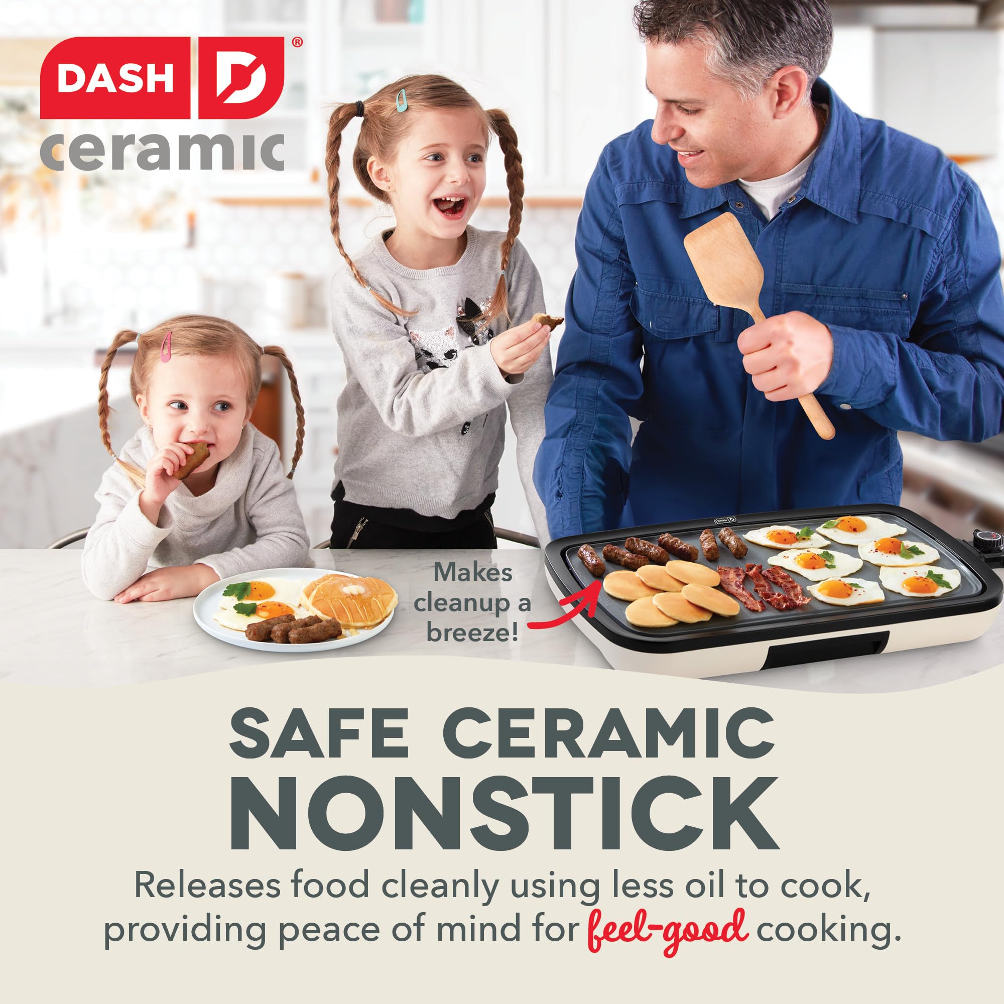 DASH Everyday Ceramic Electric Griddle - 20 Inch, 1500W, Non-Stick Surface for Pancakes, Burgers, Quesadillas, Eggs | Includes Drip Tray & Recipe Book | Perfect for Breakfast, Lunch, Snacks & Family Gatherings (Cream)