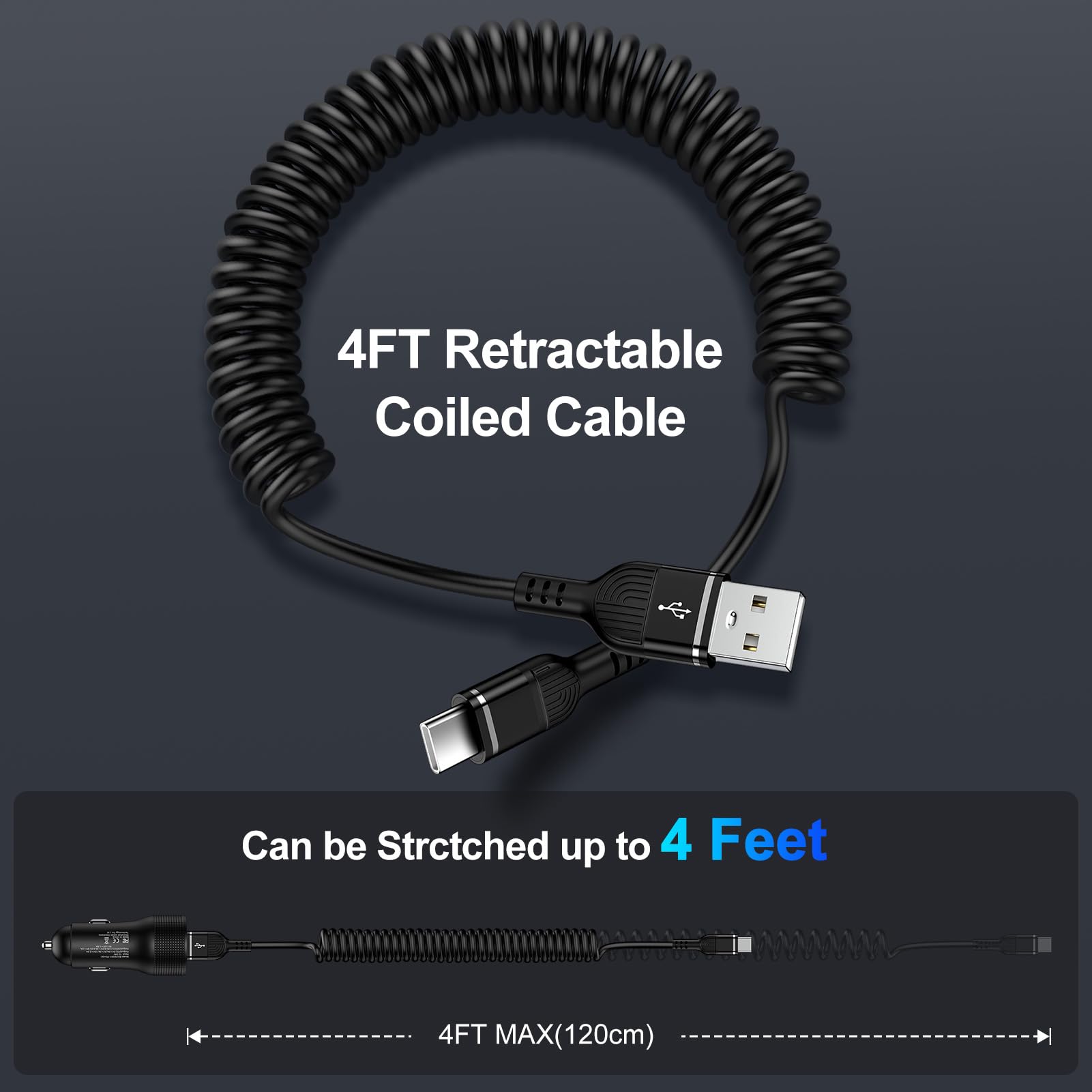 Premium 4FT Coiled USB-A to USB-C Car Charger Cable - Fast Charging Compatible with iPhone 16/16 Plus/16 Pro/16 Pro Max & Android Devices | Durable Curly Cord for Car, Home, Office & Travel Use