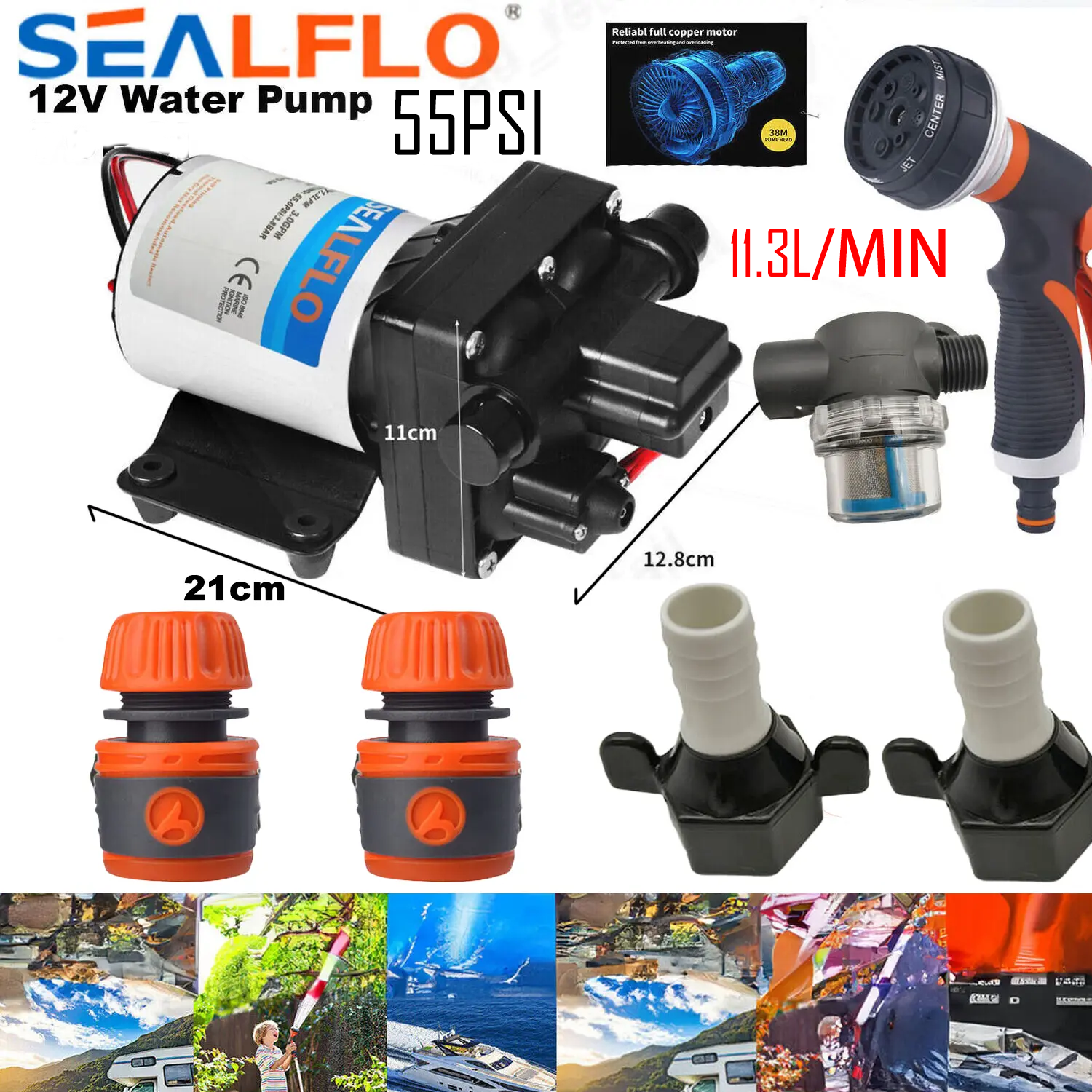 12V SEALFLO High Pressure Self-Priming Water Pump - 55PSI 11.3L/M for RV, Camping, Boat, Marine & Off-Grid Water Systems - Perfect for Freshwater Transfer, Shower Systems, and Outdoor Adventures