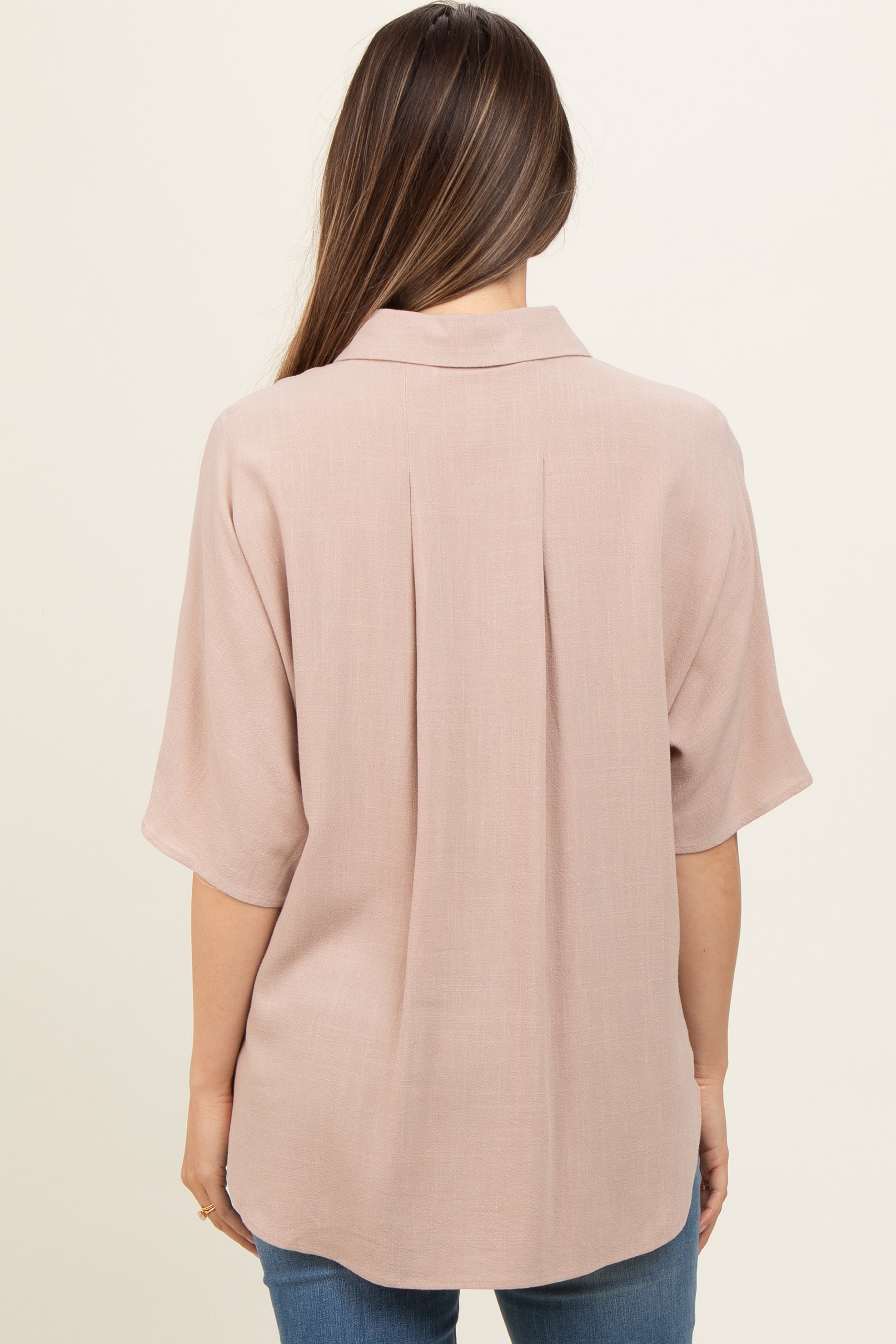 Beige Linen Maternity Top - Dolman Half Sleeve Button Down Shirt for Pregnant Women | Comfortable & Stylish Pregnancy Blouse for Casual Wear, Office & Maternity Photos